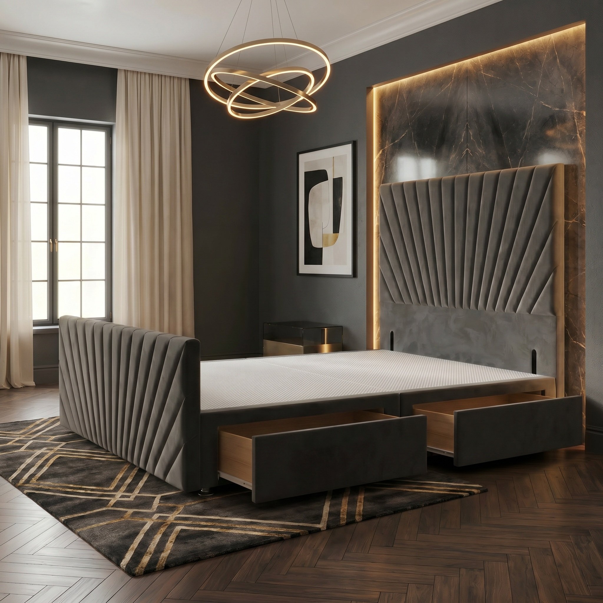 Somnior Velvet Single 2 Drawer Divan Bed with Footboard & Headboard - Charcoal