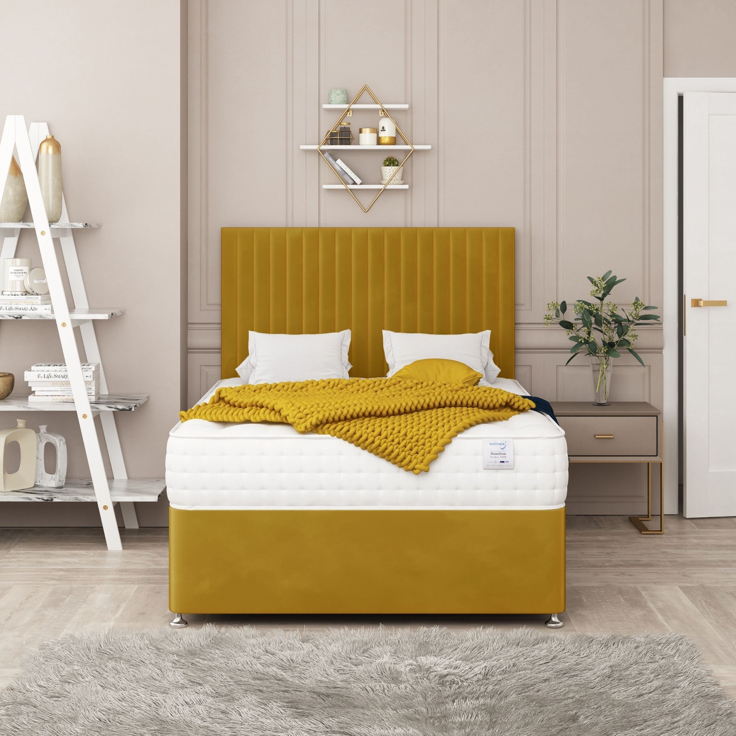 Bed Choices Manhattan Double 2 Drawer Divan Bed with 26" Headboard - Mustard