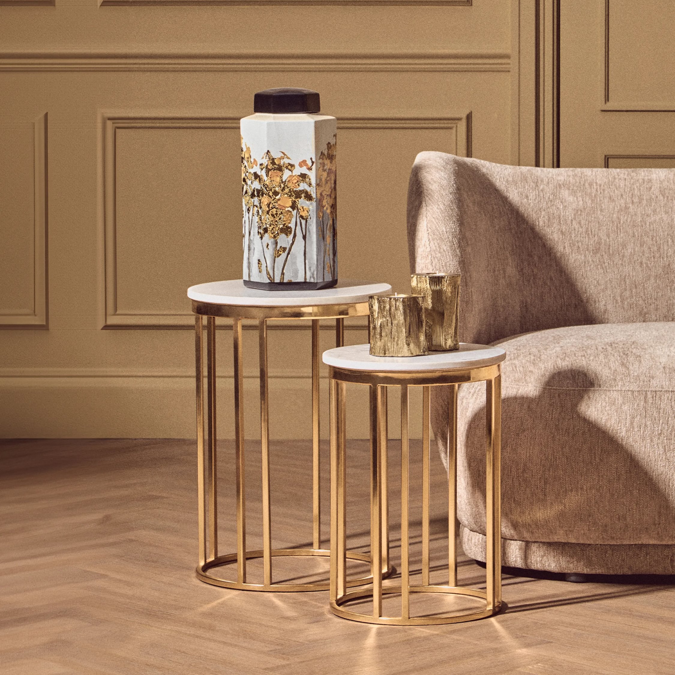Orsina Templar Set of 2 Round Marble Side Tables - White and Gold