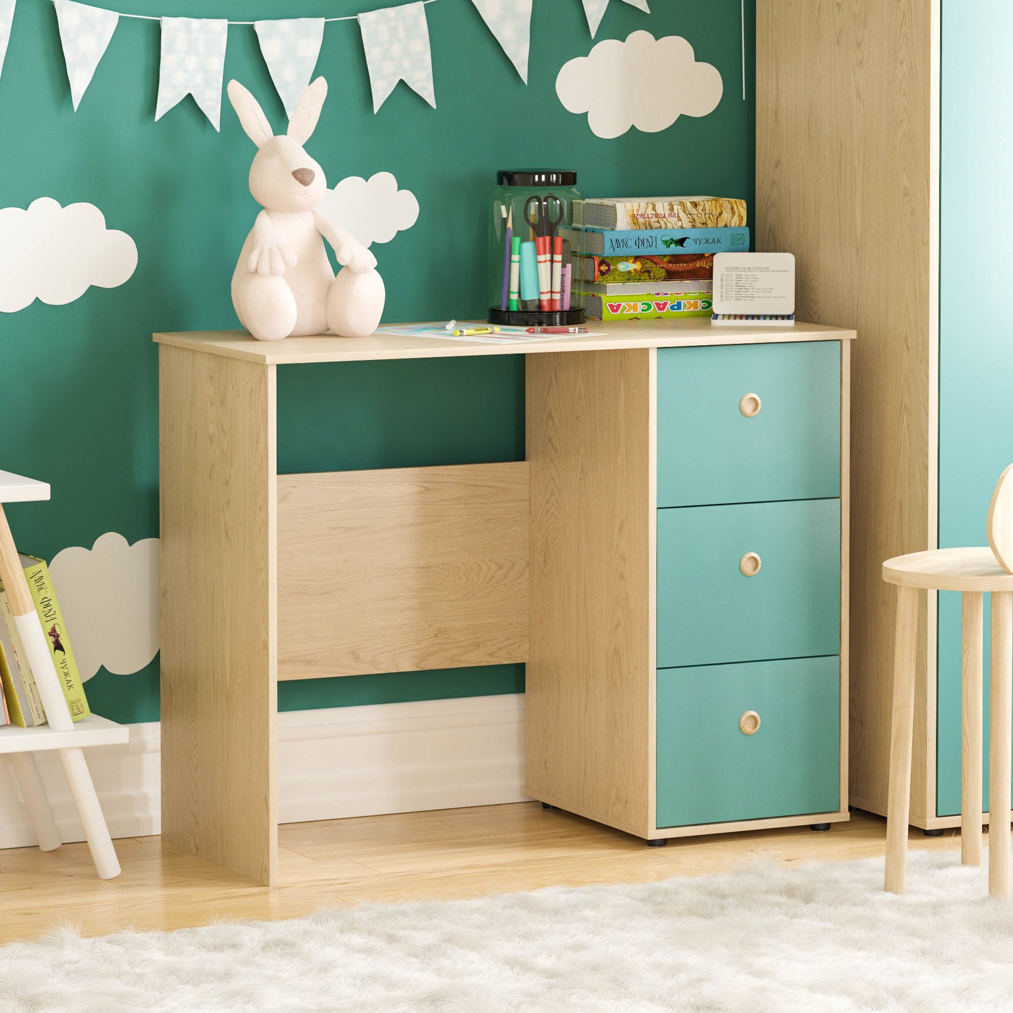 Junior Vida Neptune 3 Drawer Desk - Blue & Oak
