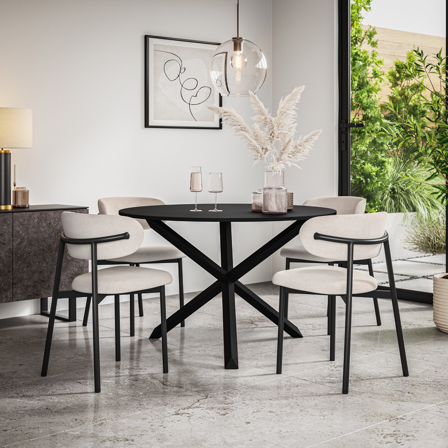 Furniture Online Malvern Black Dining Table & 4 Myla Beige Chairs