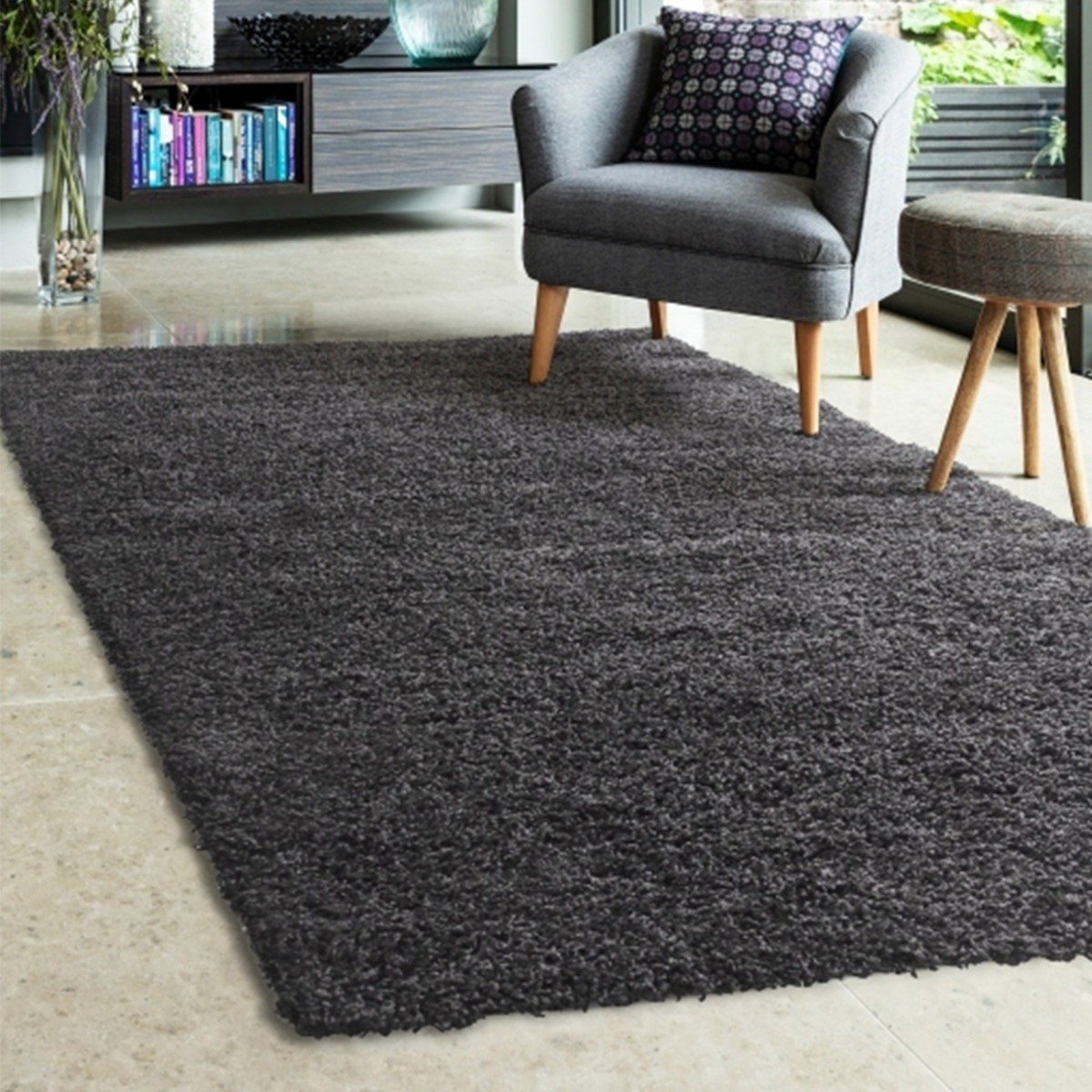 Mega Flooring Black Shaggy Plain Rug - 160 x 230cm