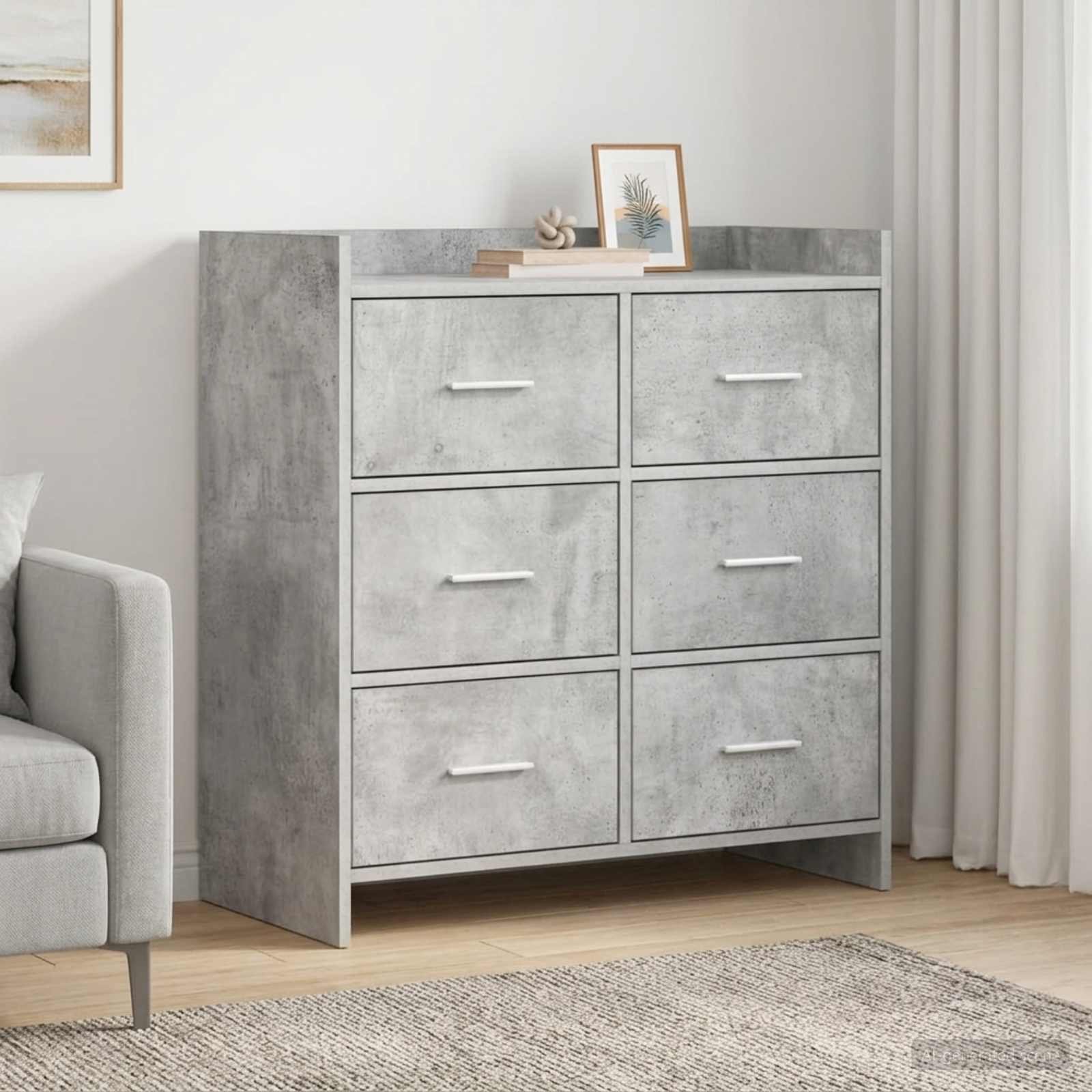 Walplus 6 Drawer Rectangular Sideboard - Concrete Grey - 75 x 33 x 80 cm