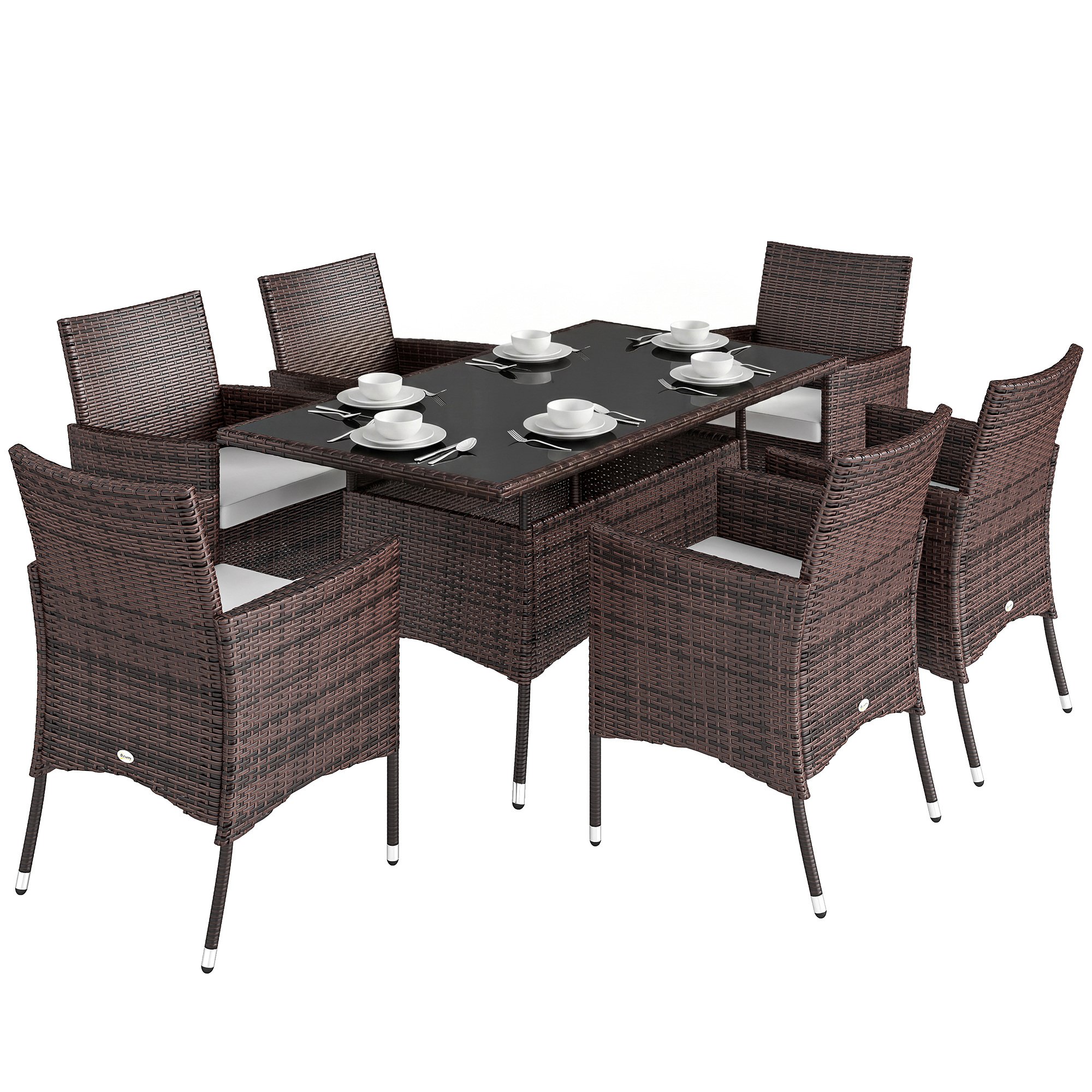 Outsunny 7 Piece 6 Seater Rattan Furniture Set with Cushions - Brown