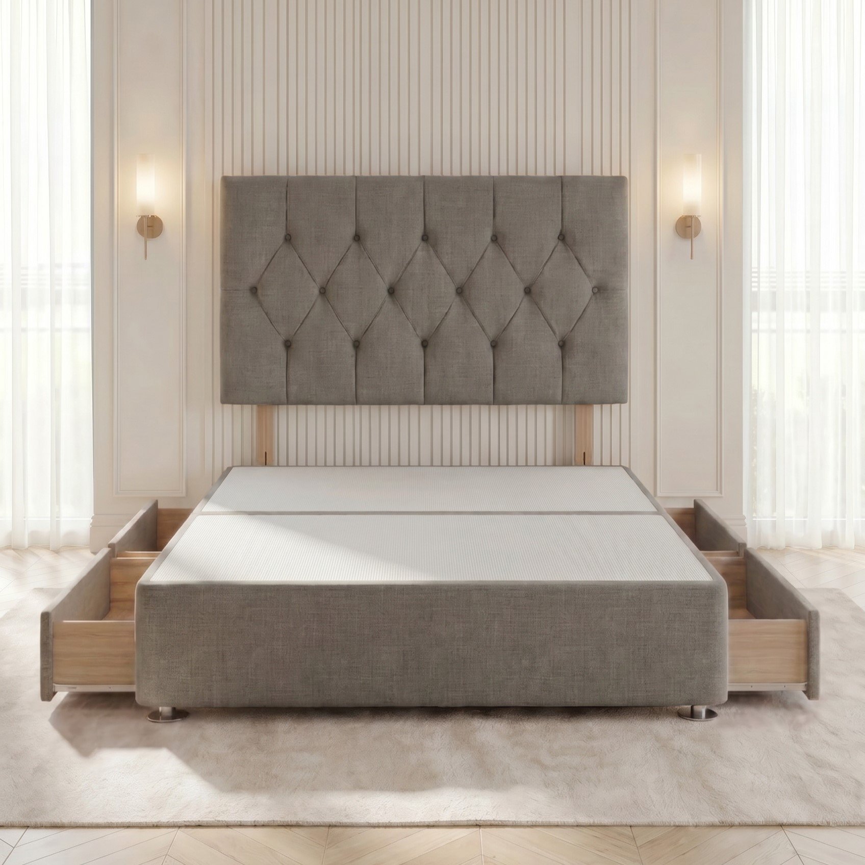 Somnior Chester Linen Double 4 Drawer Divan Bed with Headboard - Silver