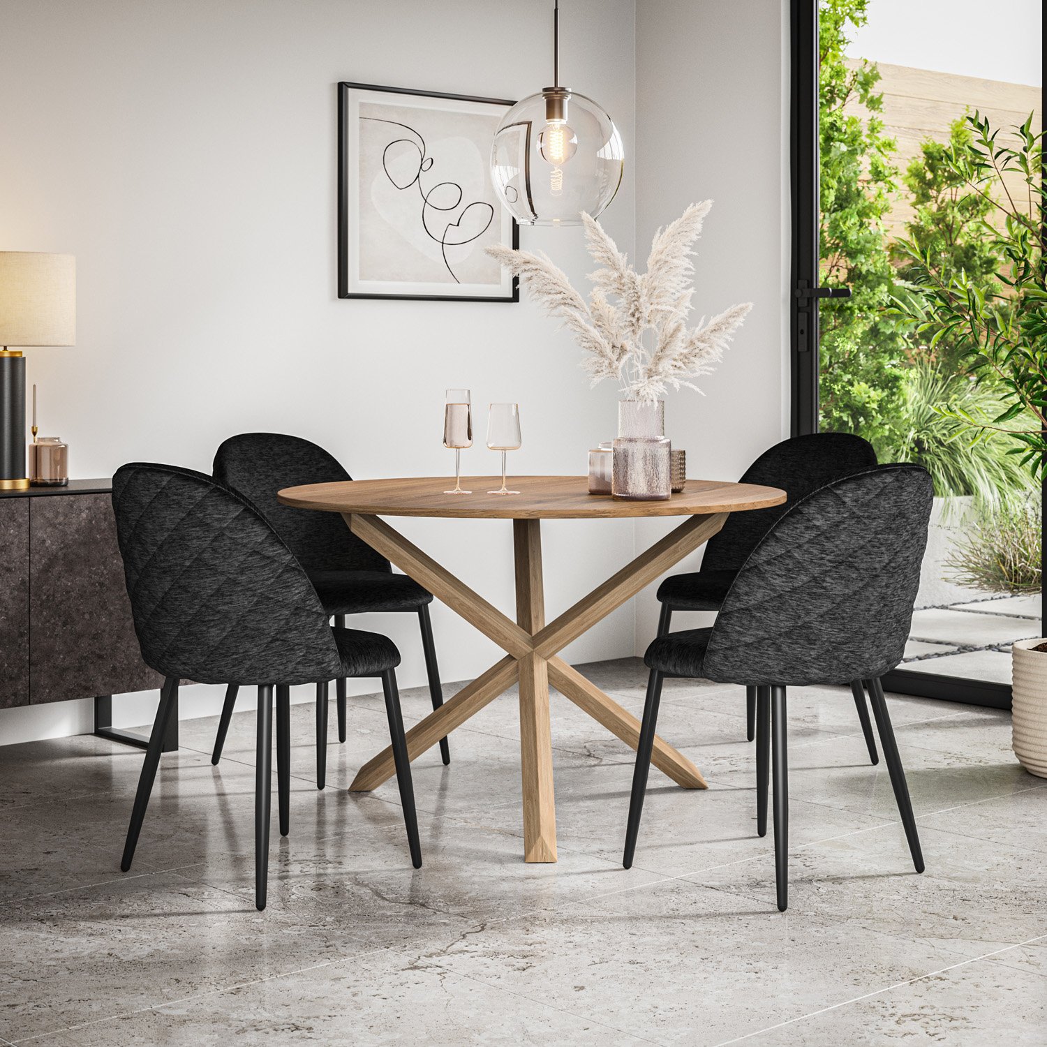 Furniture Online Malvern Round Oak Effect Dining Table & 4 Raye Black Chairs