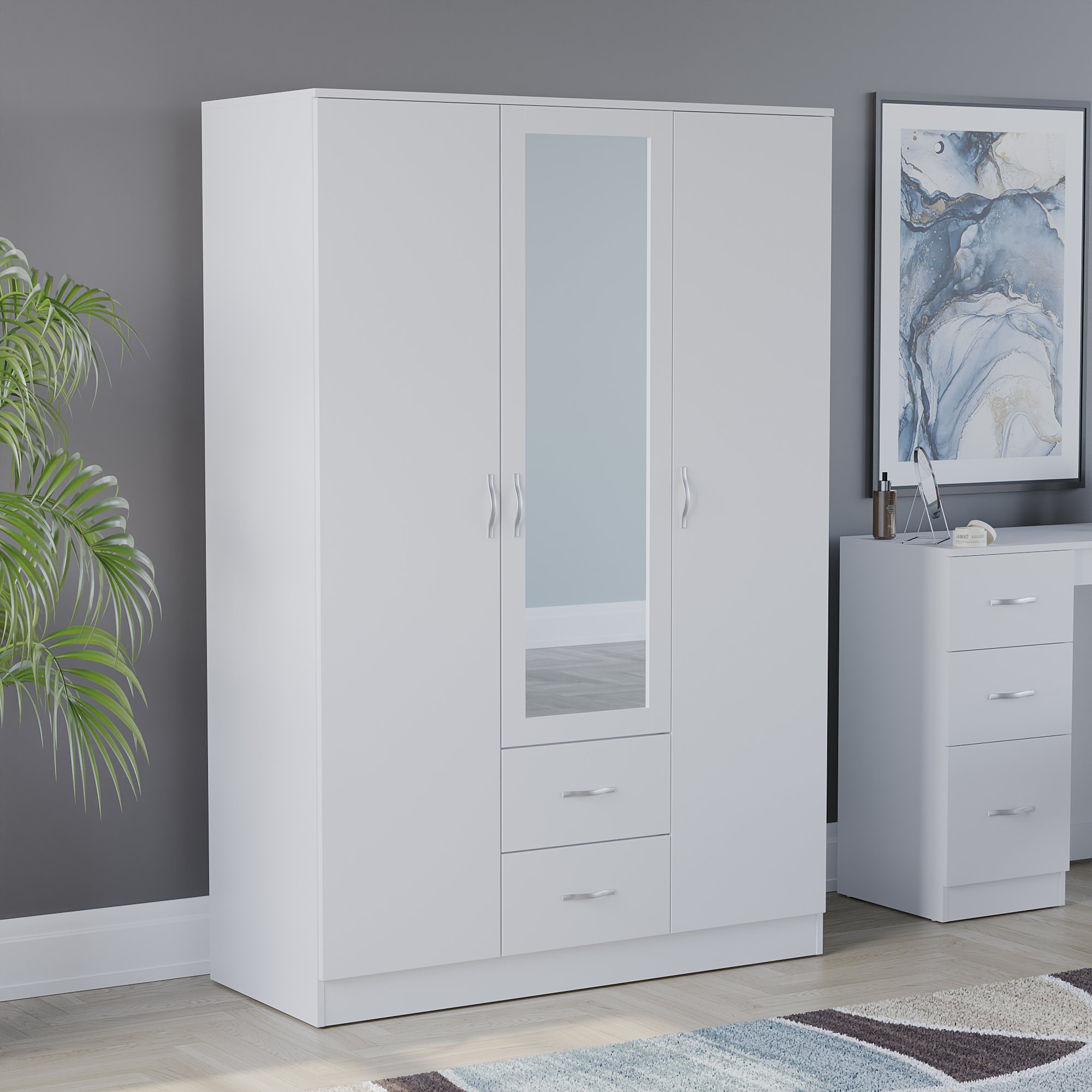 Vida Designs Riano 3 Door 2 Drawer Mirrored Wardrobe - White