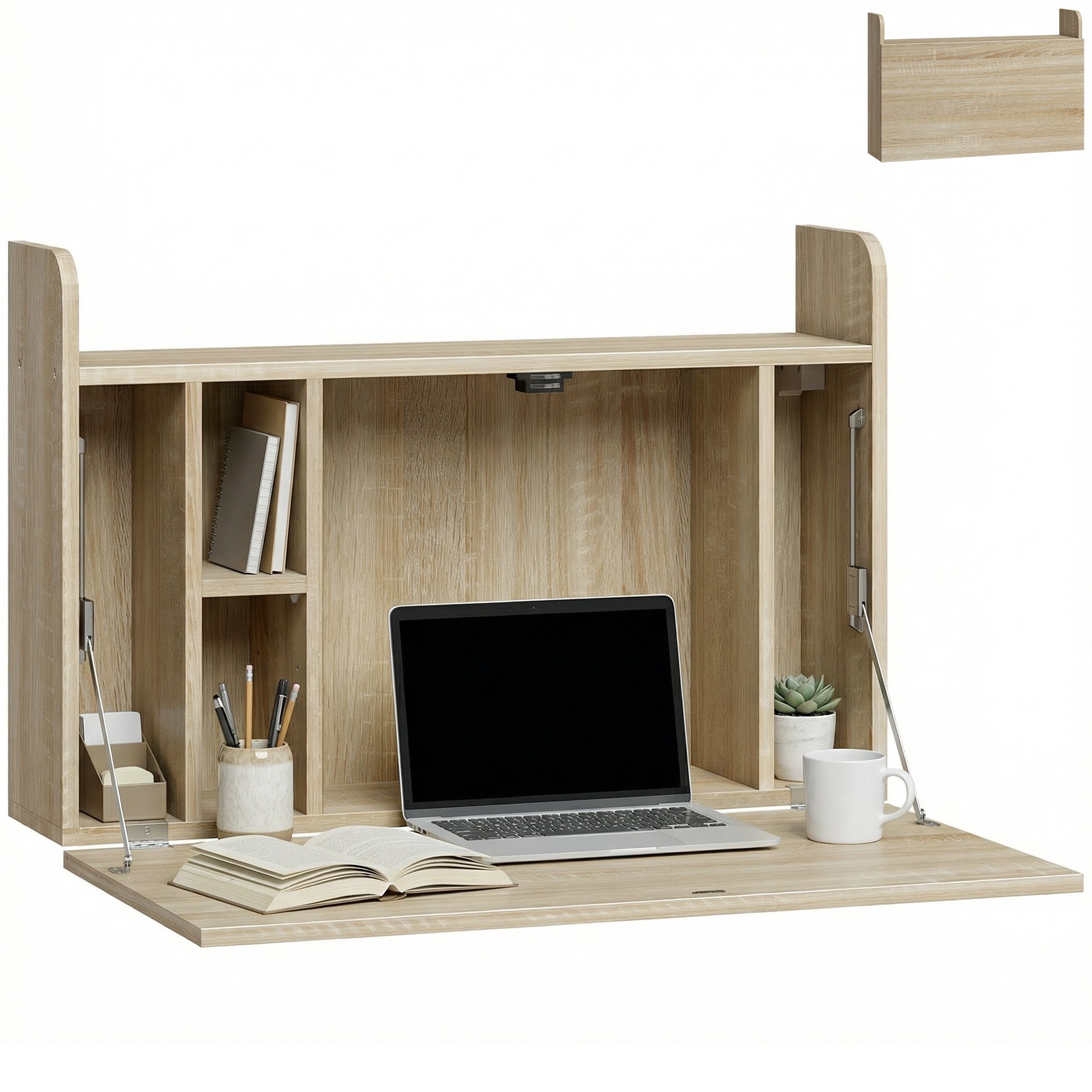 HOMCOM Floating Wall Mounted Table with Storage Shelves- Oak
