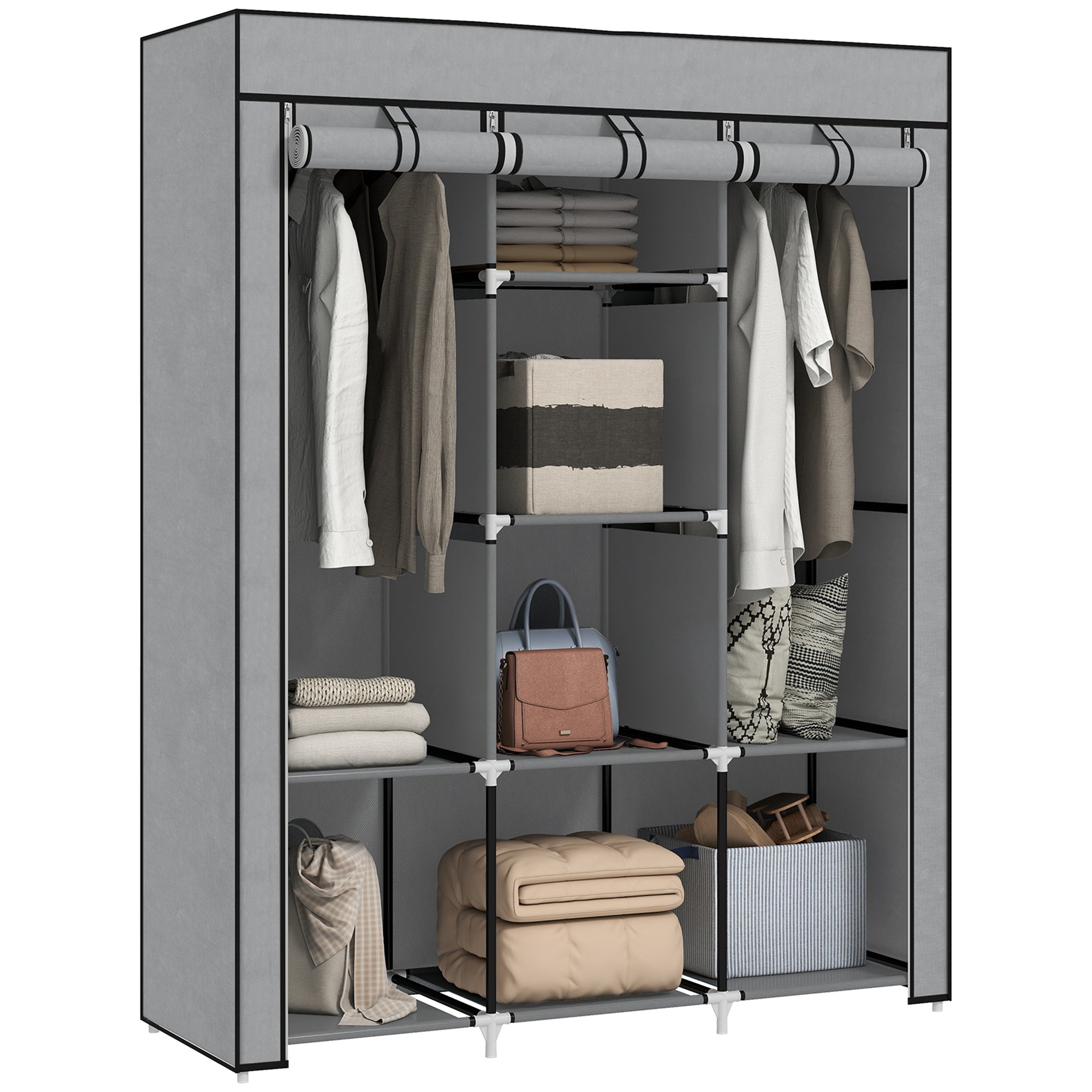 HOMCOM 125cm 8 Shelf 2 Rail Fabric Wardrobe – Light Grey