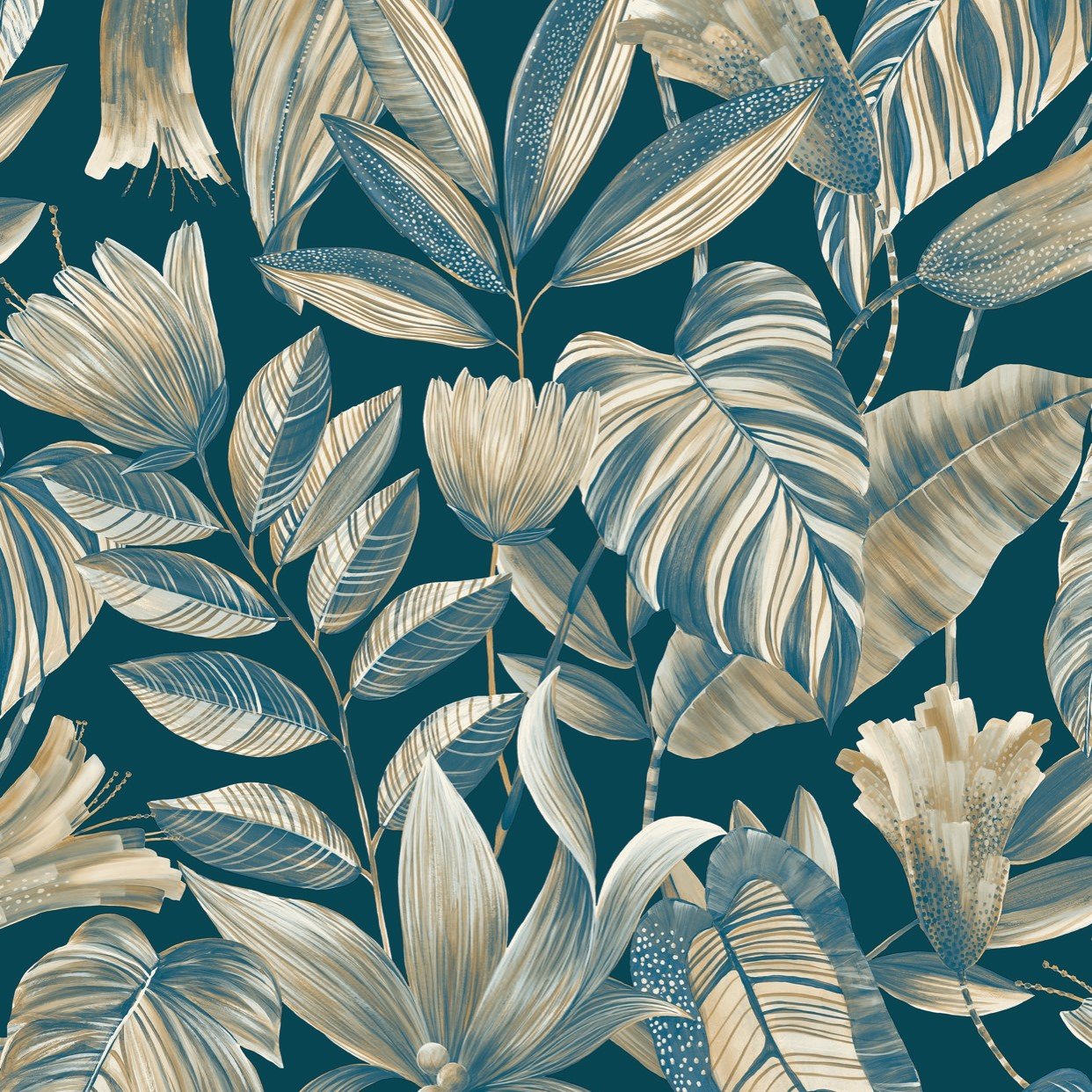 Grandeco Boutique Merida Botanical Leaves Embossed Wallpaper - Blue