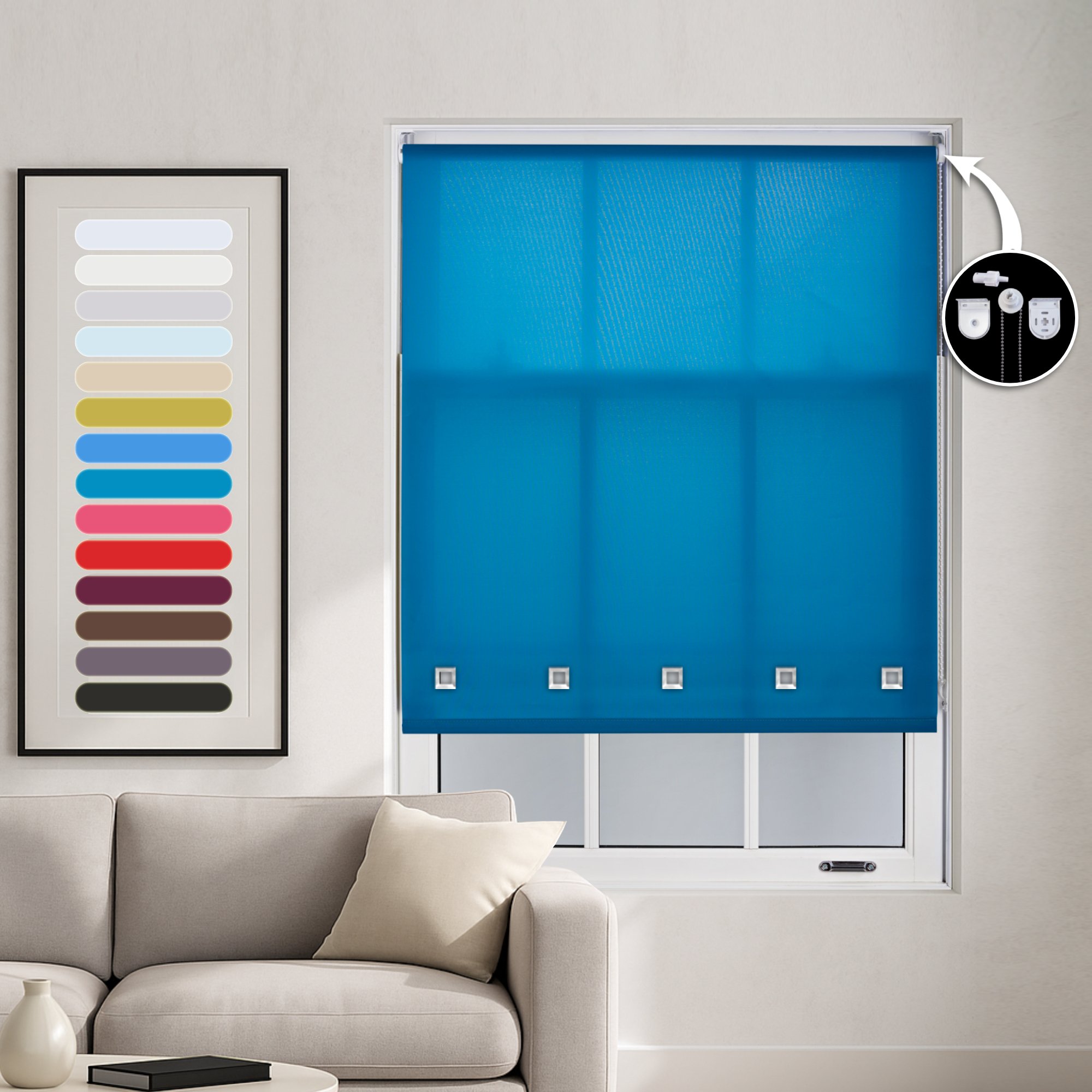 Furnished Teal Daylight Roller Blind with Square Eyelets - 60cm x 165cm