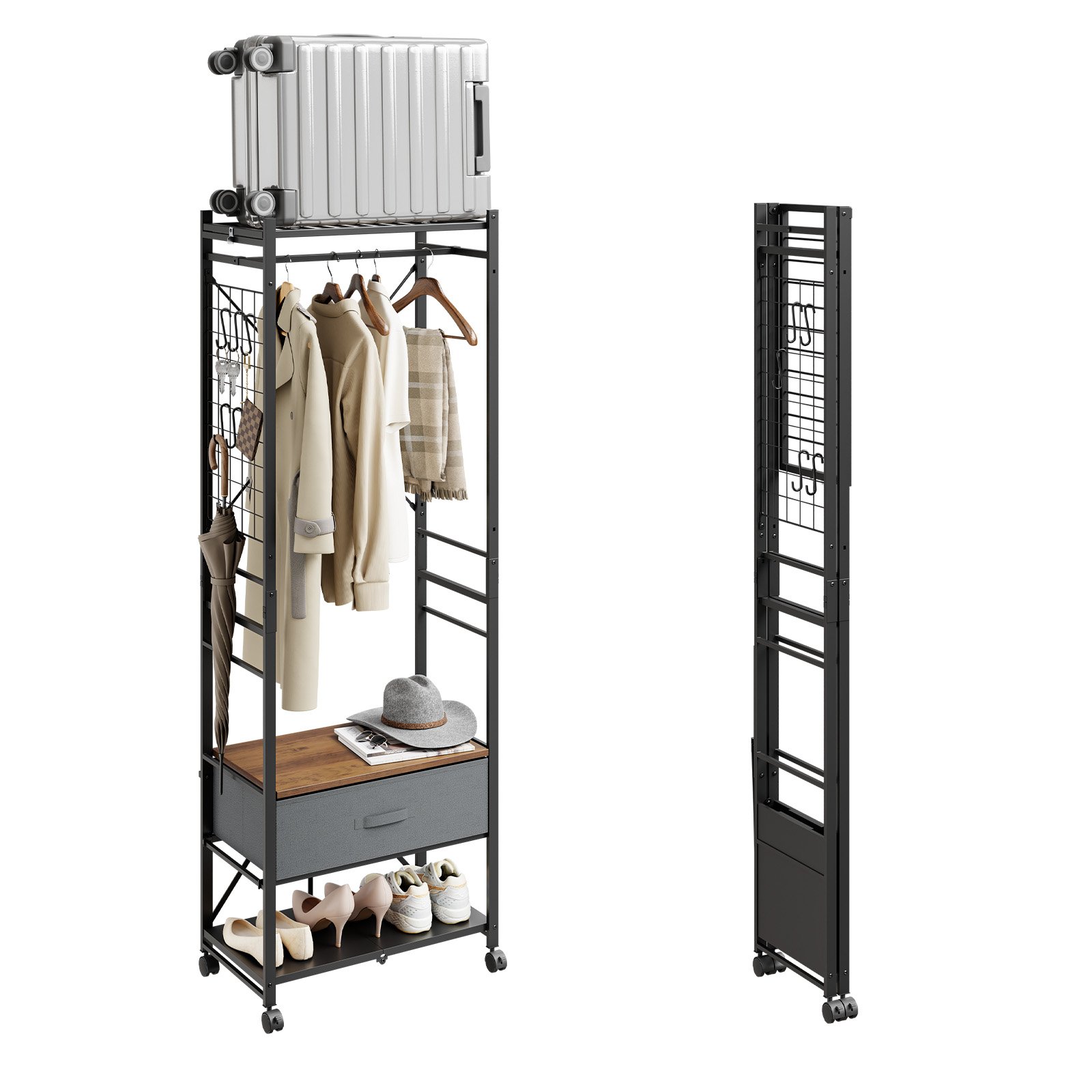 SoBuy Fabric Drawer Foldable Clothes Rail with Wheels - Black