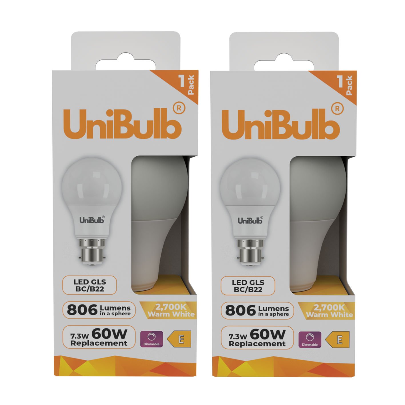 UniBulb 7.3W LED Warm White Dimmable GLS B22 Light Bulb - Pack of 2