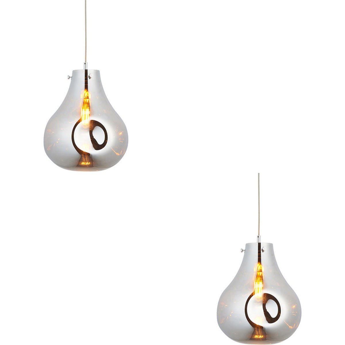 Loops Direct Set of 2 Glass and Steel Hanging Ceiling Pendant Light - Chrome