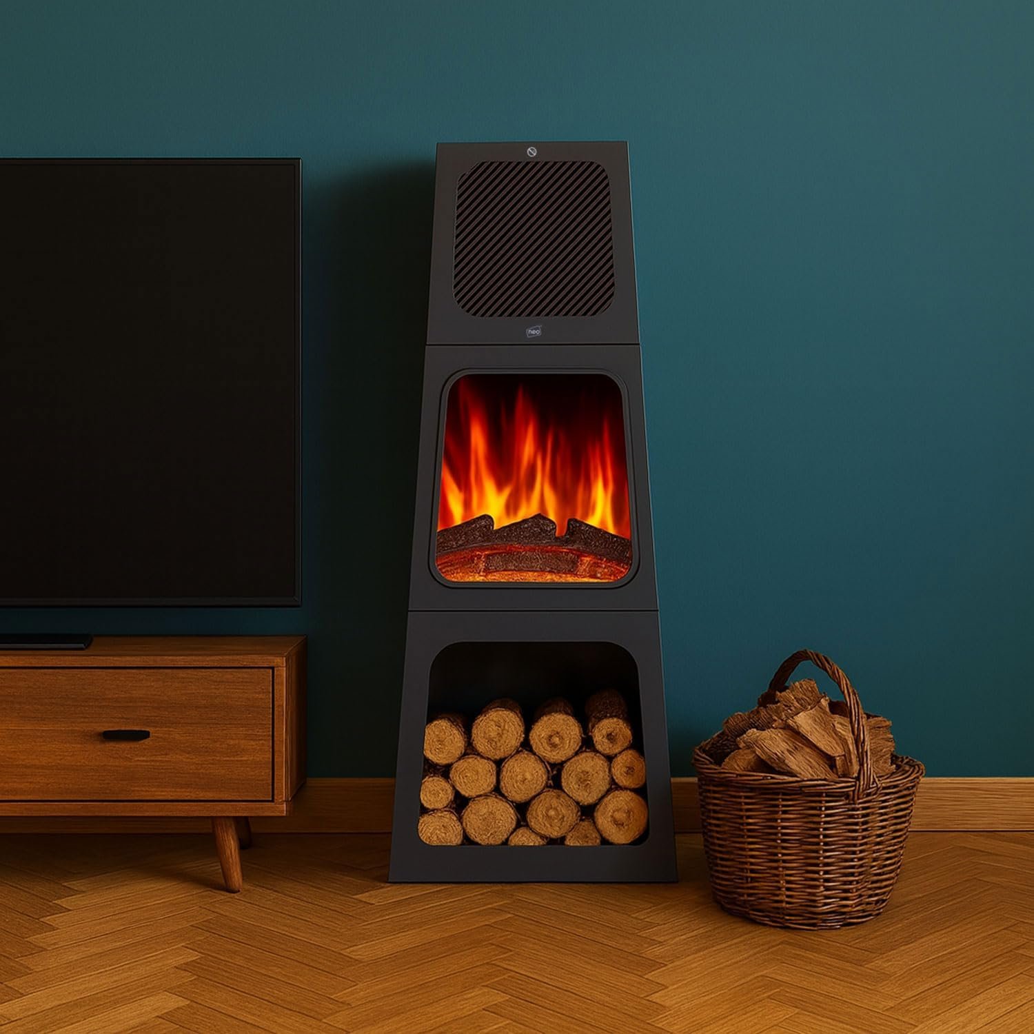 Neo Tall Triangle Pyramid Electric Fireplace - Black