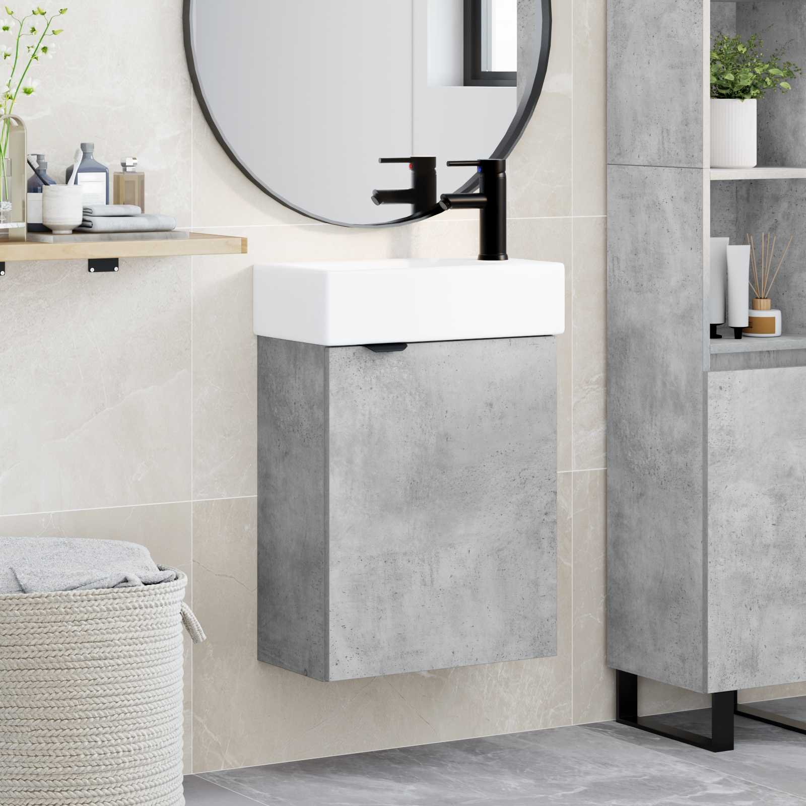 Walplus Wood Vanity Unit with Tap - Concrete Grey - 45.5 x 22.5 x 84 cm