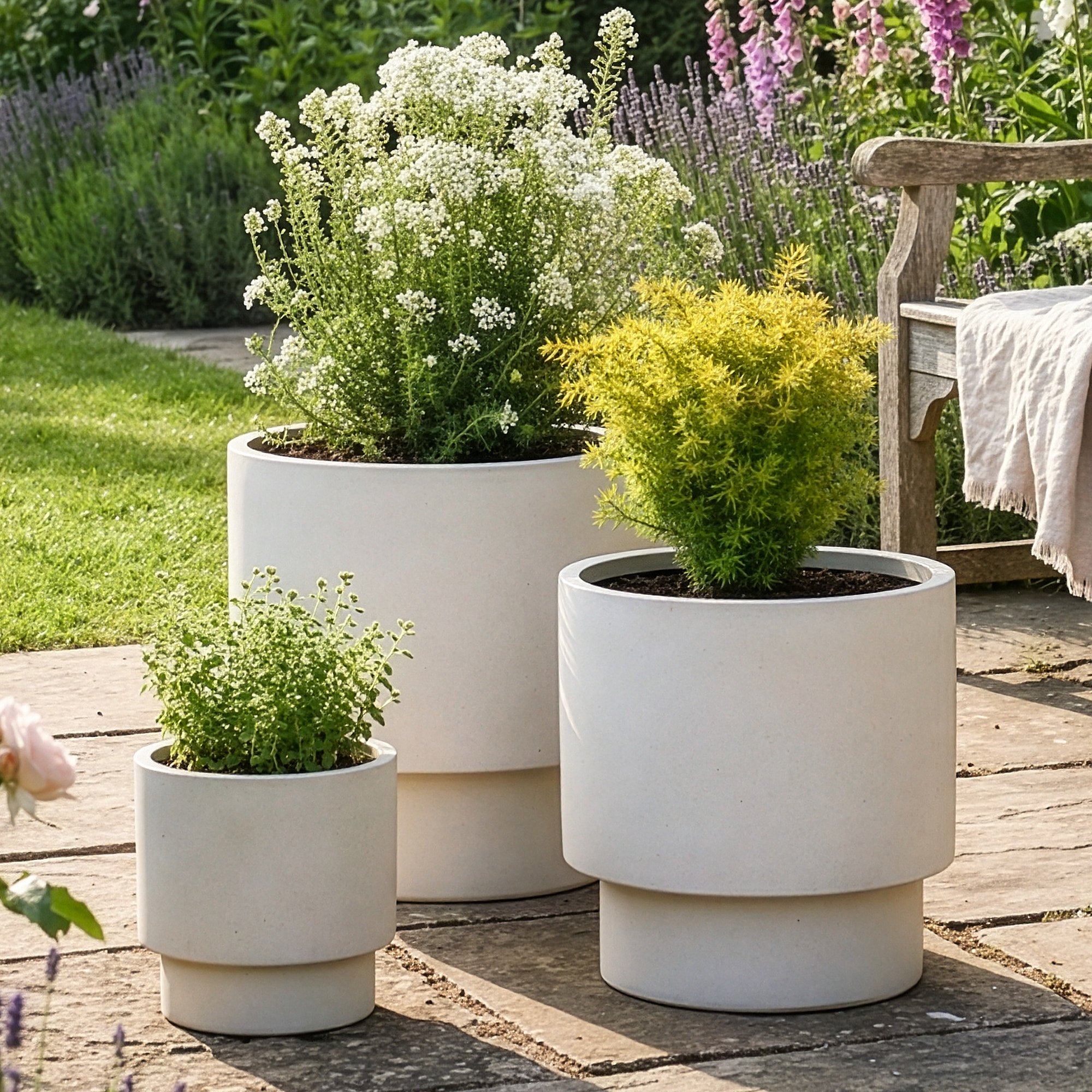Dibor Set of 3 Noma Fibre Clay Summer Outdoor Garden Planters - Beige
