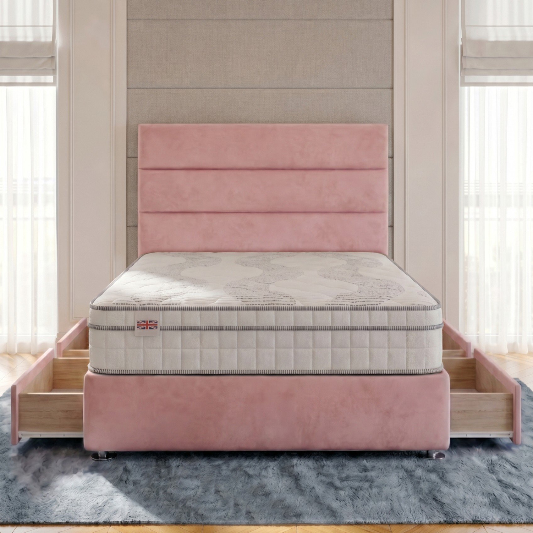Somnior Regent Velvet Small Double 4 Draw Pocket Mattress Divan Bed Set - Pink