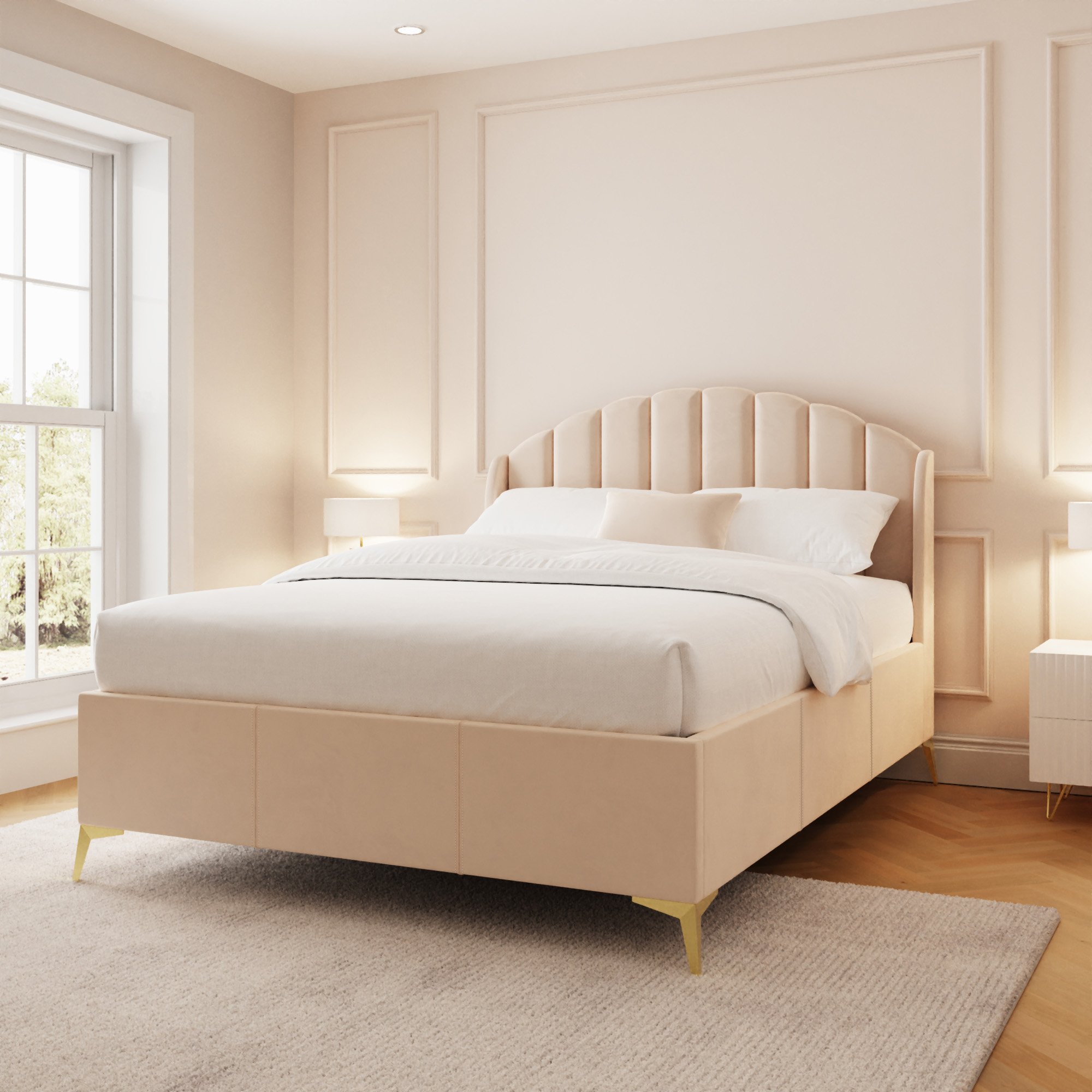 GFW Pettine King Size Velvet End Lift Ottoman Bed with Mattress - Natural