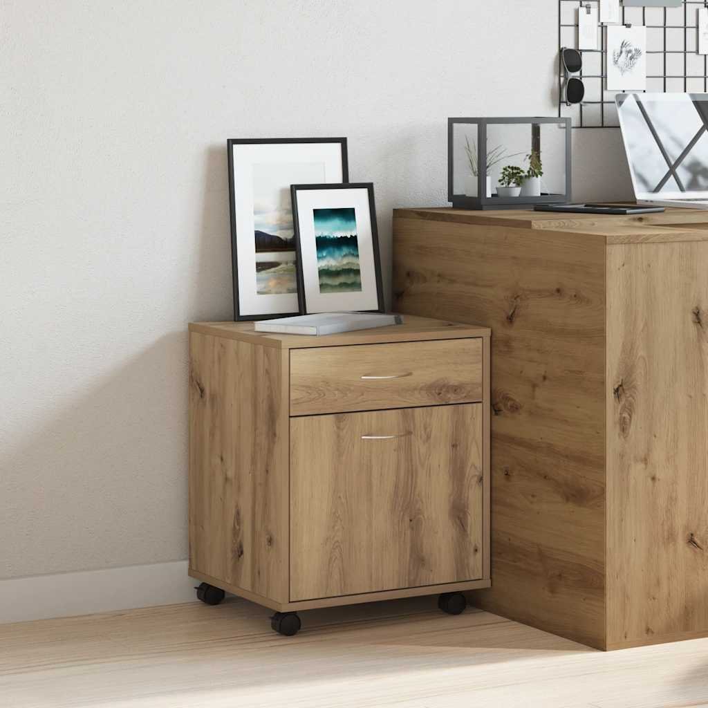 Walplus Engineered Wood Lockable Rolling Cabinet - Oak - 45 x 38 x 54 cm