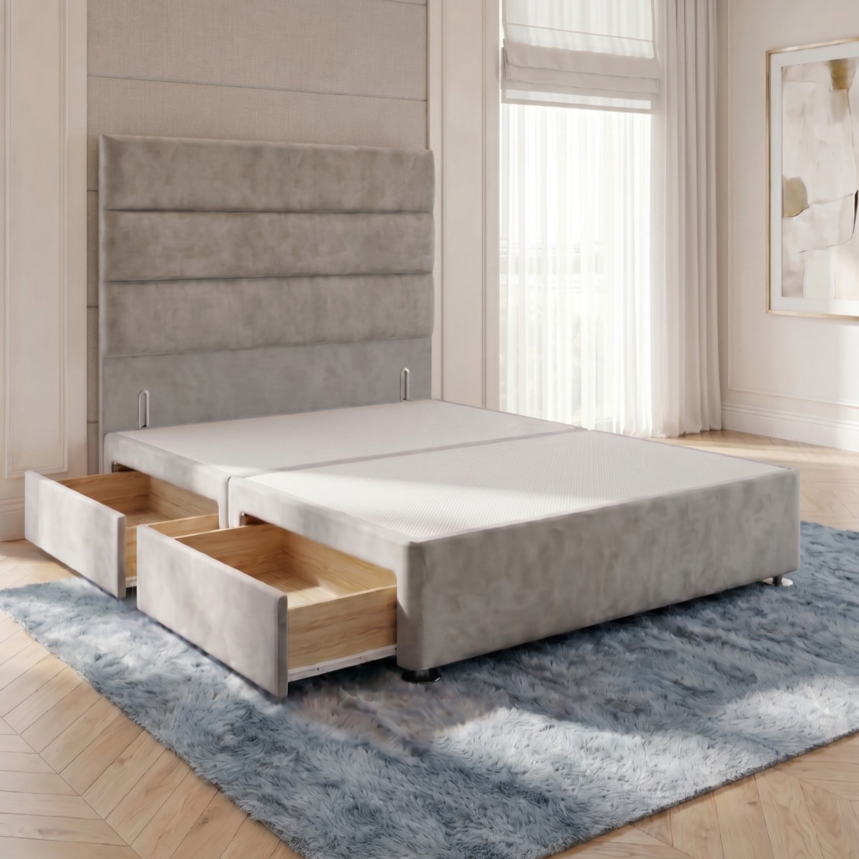 Somnior Regent Velvet Small Double 2 Drawer Divan Bed 54" Headboard - Silver