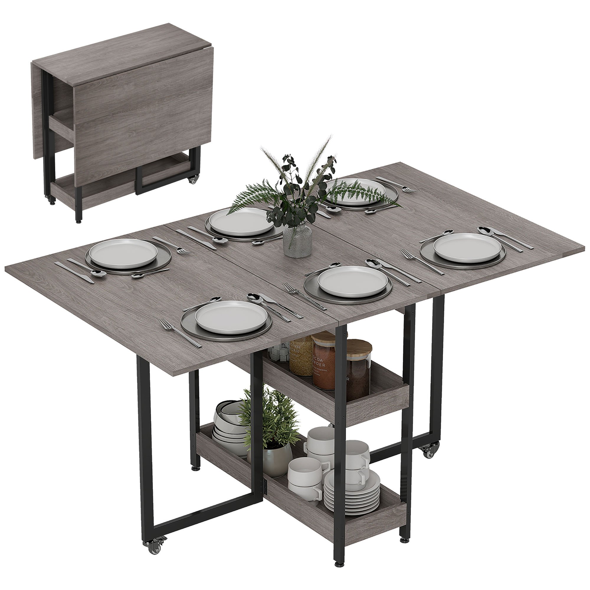 HOMCOM 4 Seater Folding Dining Table with Shelves and Wheels - Grey