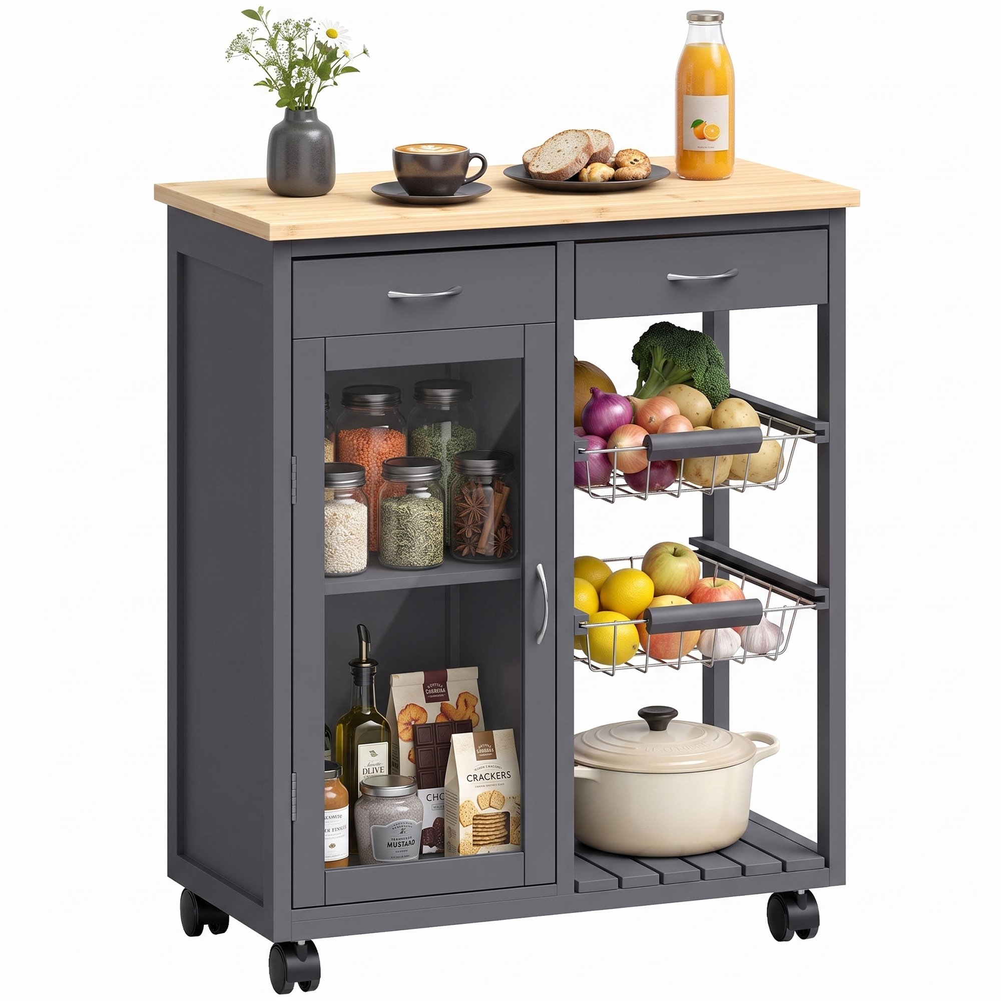 HOMCOM 2 Drawers Bamboo Kitchen Island - Grey