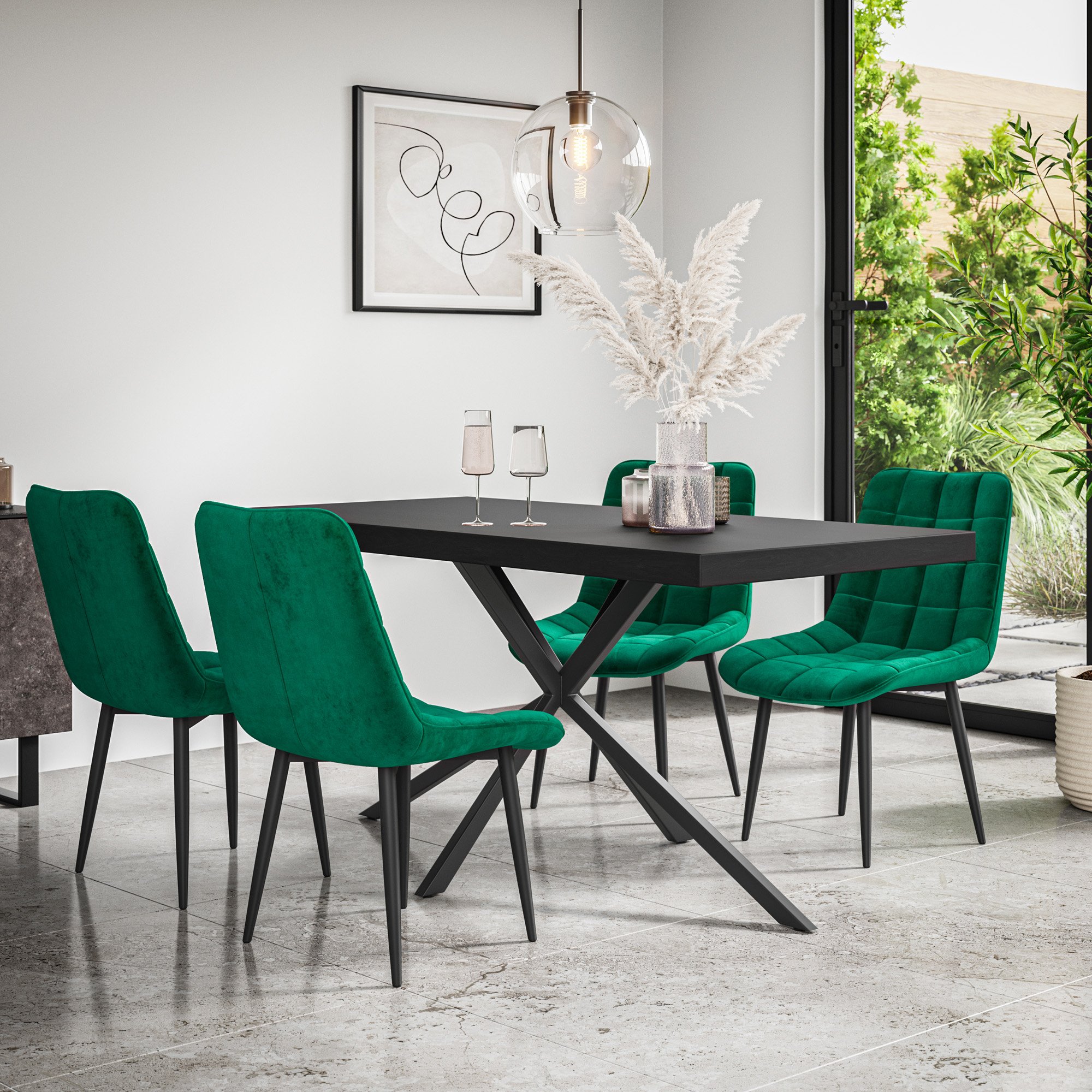 Furniture Online Donni Nova Black Top Dining Table & 4 Green Chairs