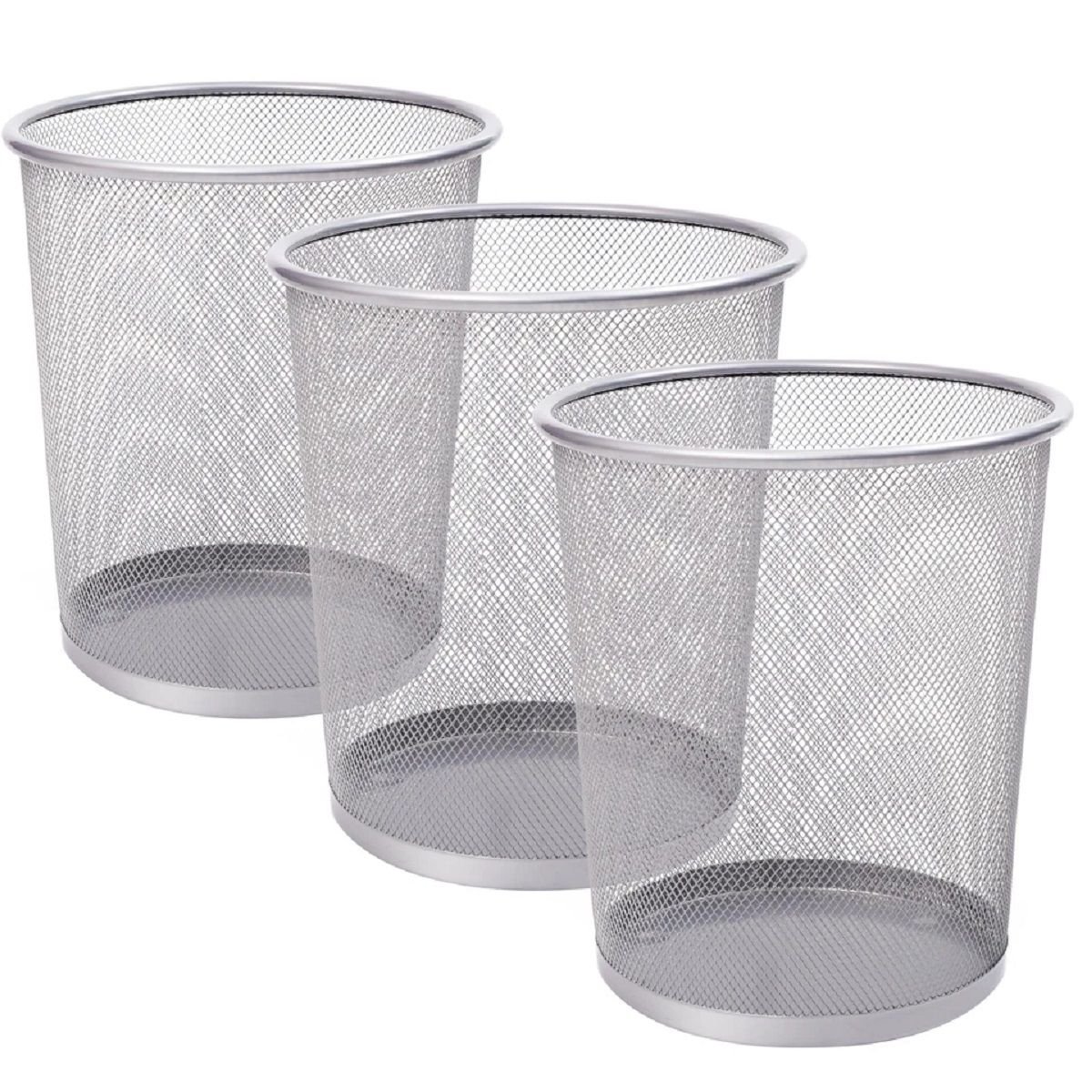 Keplin Pack of 3 Round Mesh Metal Waste Paper Bins - Silver