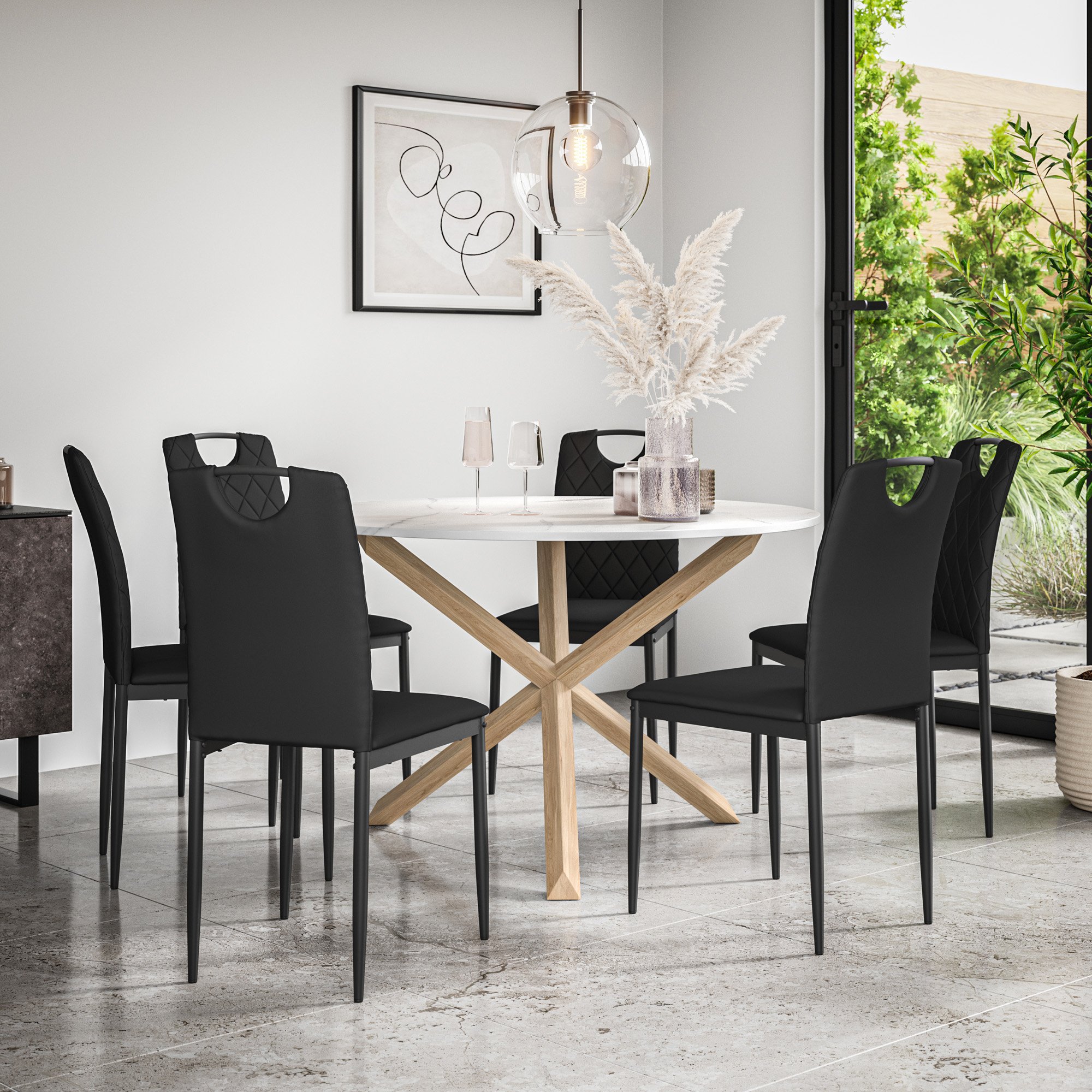 Furniture Online Malvern Monza Marble Top Dining Table & 6 Black Chairs