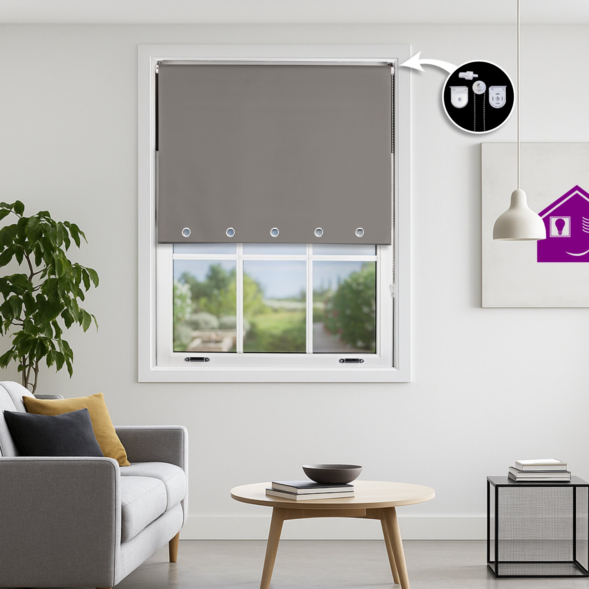 Furnished Dark Grey Blackout Roller Blind Round Eyelets - 55 x 165cm