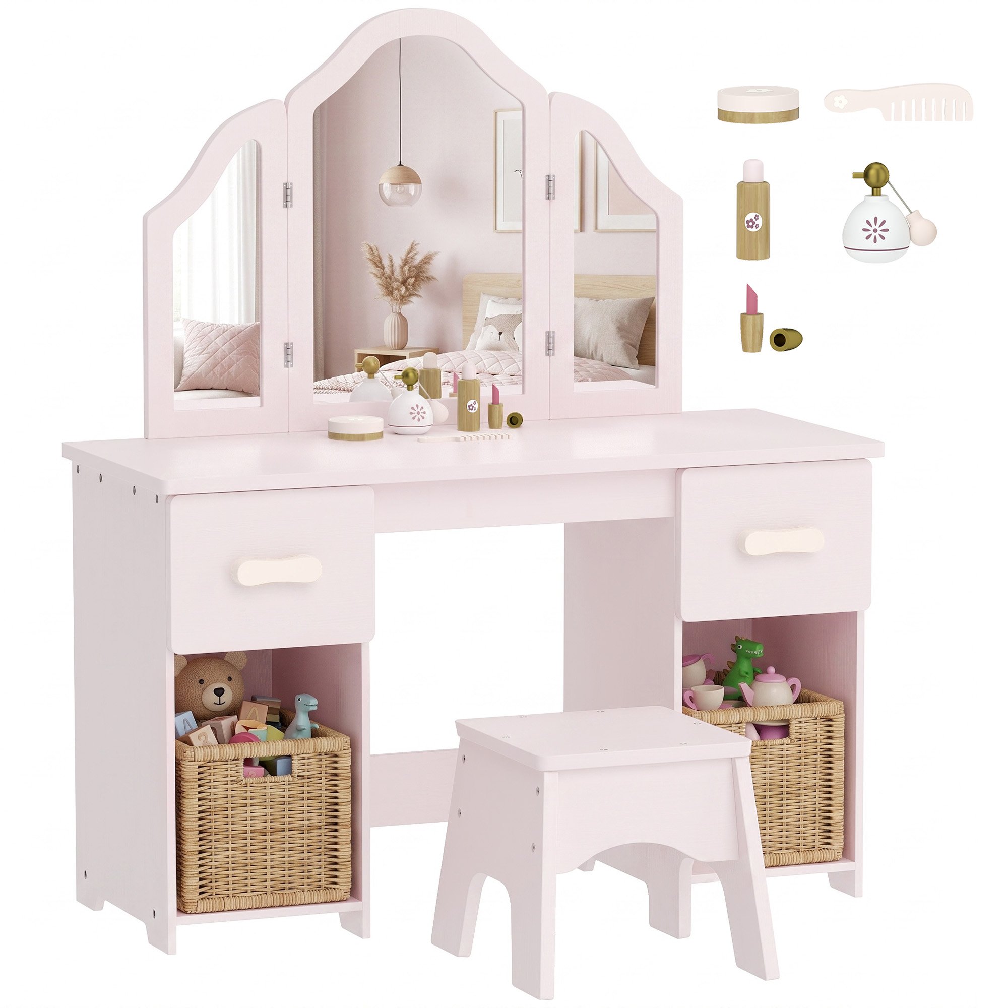 AIYAPLAY 3 Years Plus Tri-Folding Mirror Dressing Table and Chair Set – Pink
