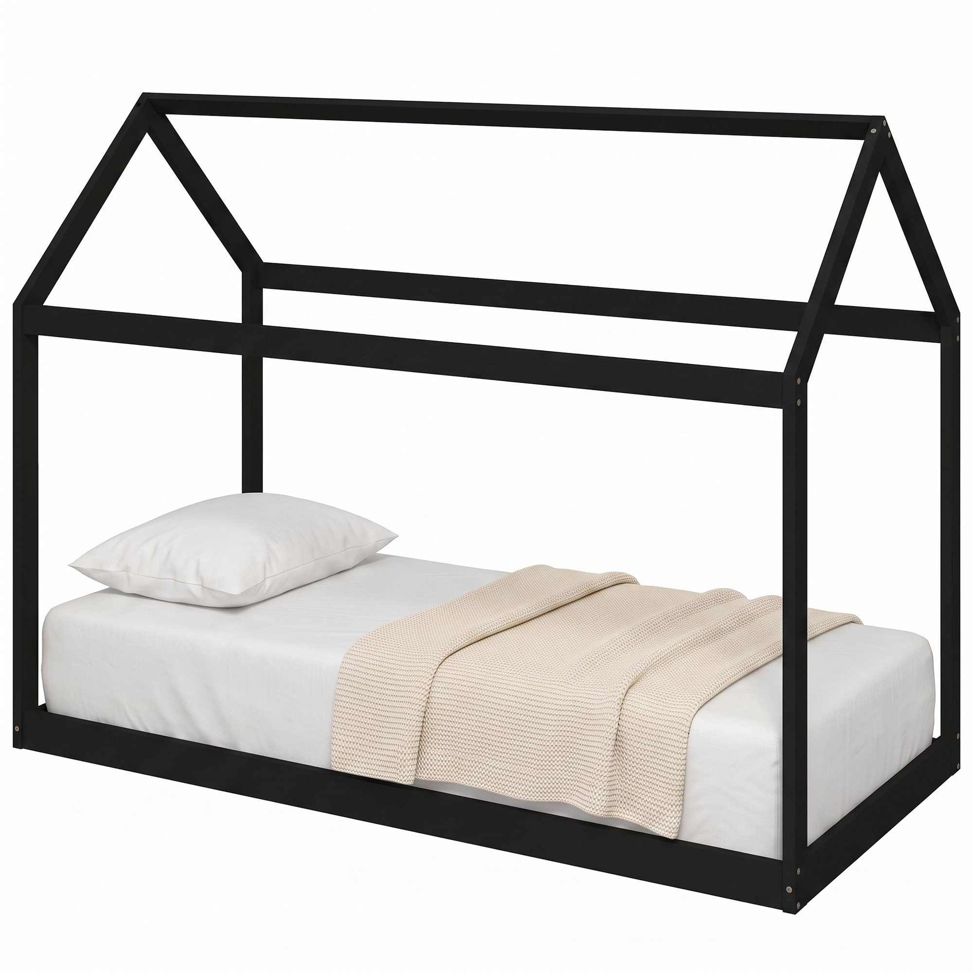 HOMCOM Single Bed Frame with House Scandinavian Style and Pine Wood Base - Black