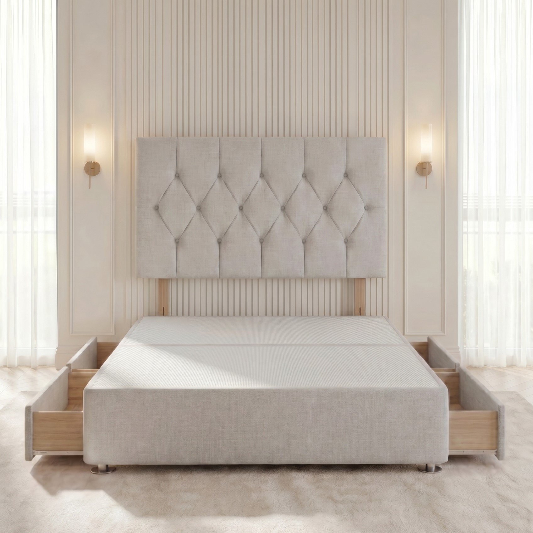 Somnior Chester Linen Super King 4 Drawer Divan Bed with Headboard - Light Grey