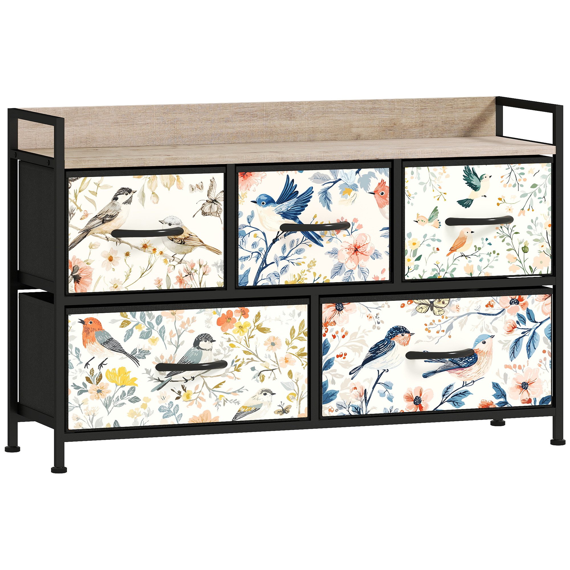 HOMCOM 5 Drawer Fabric Dresser with Shelf and Steel Frame - White