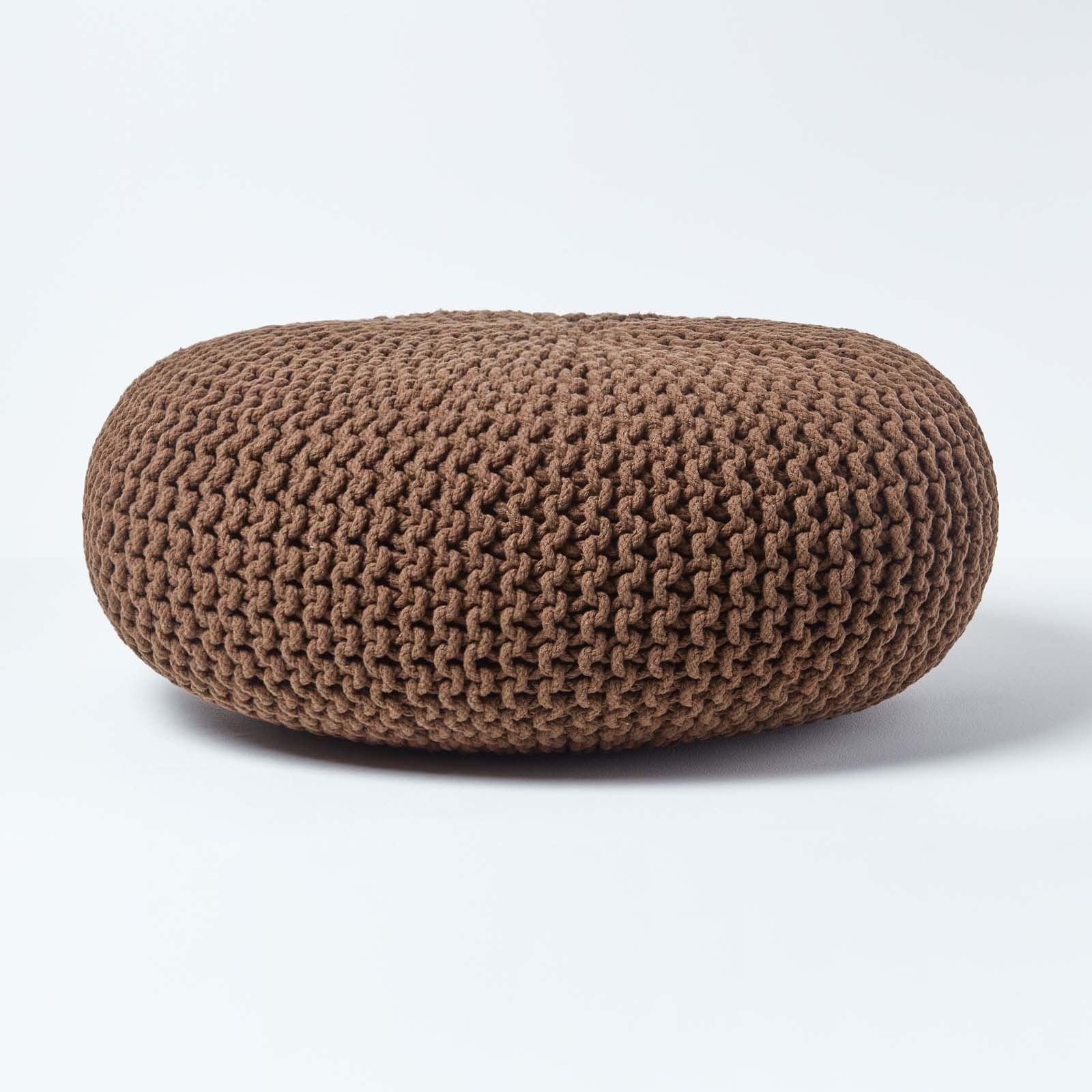 Homescapes Large Round Cotton Knitted Pouffe Footstool – Chocolate Brown