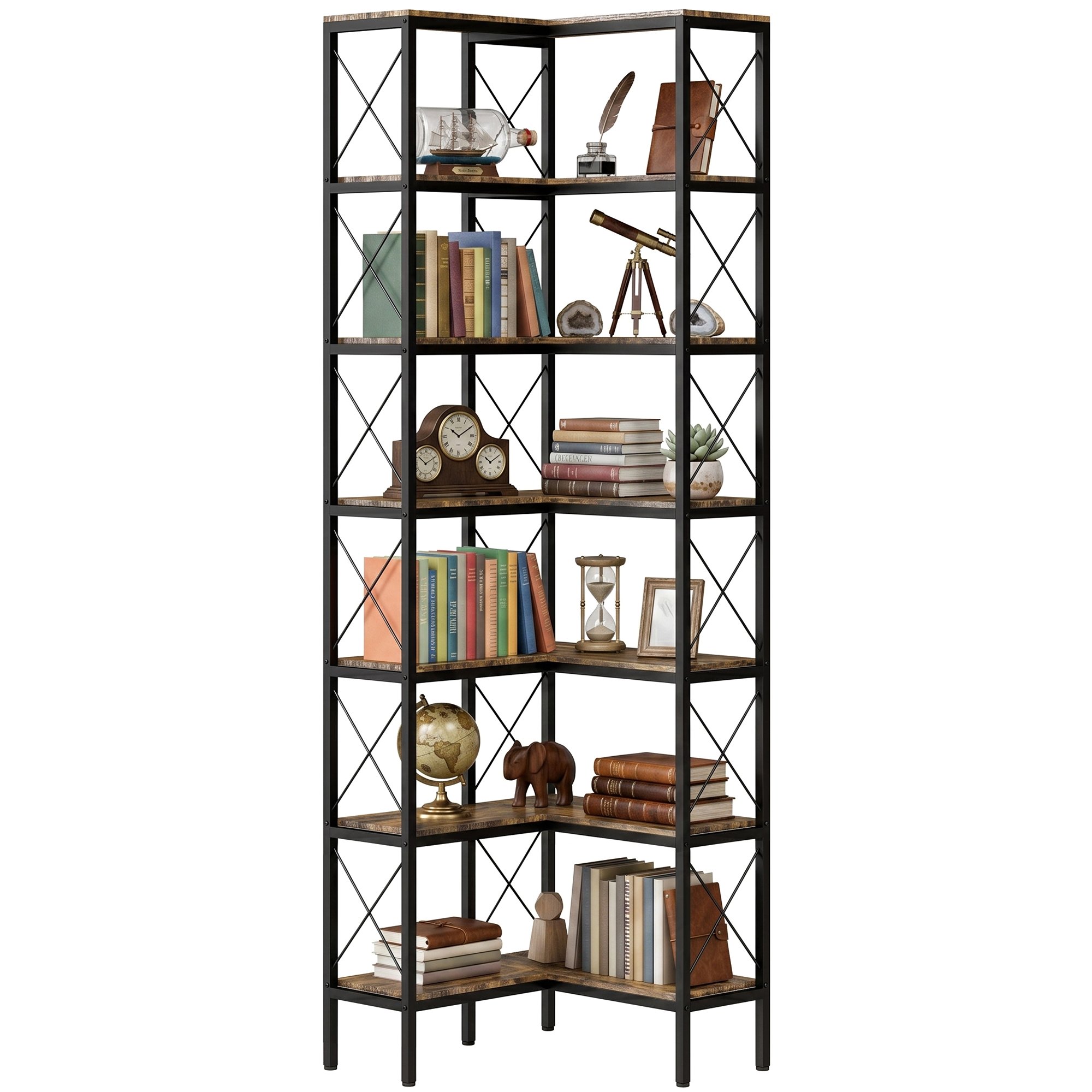 HOMCOM 6 Tier Metal Freestanding Corner Storage Bookcase - Rustic Brown