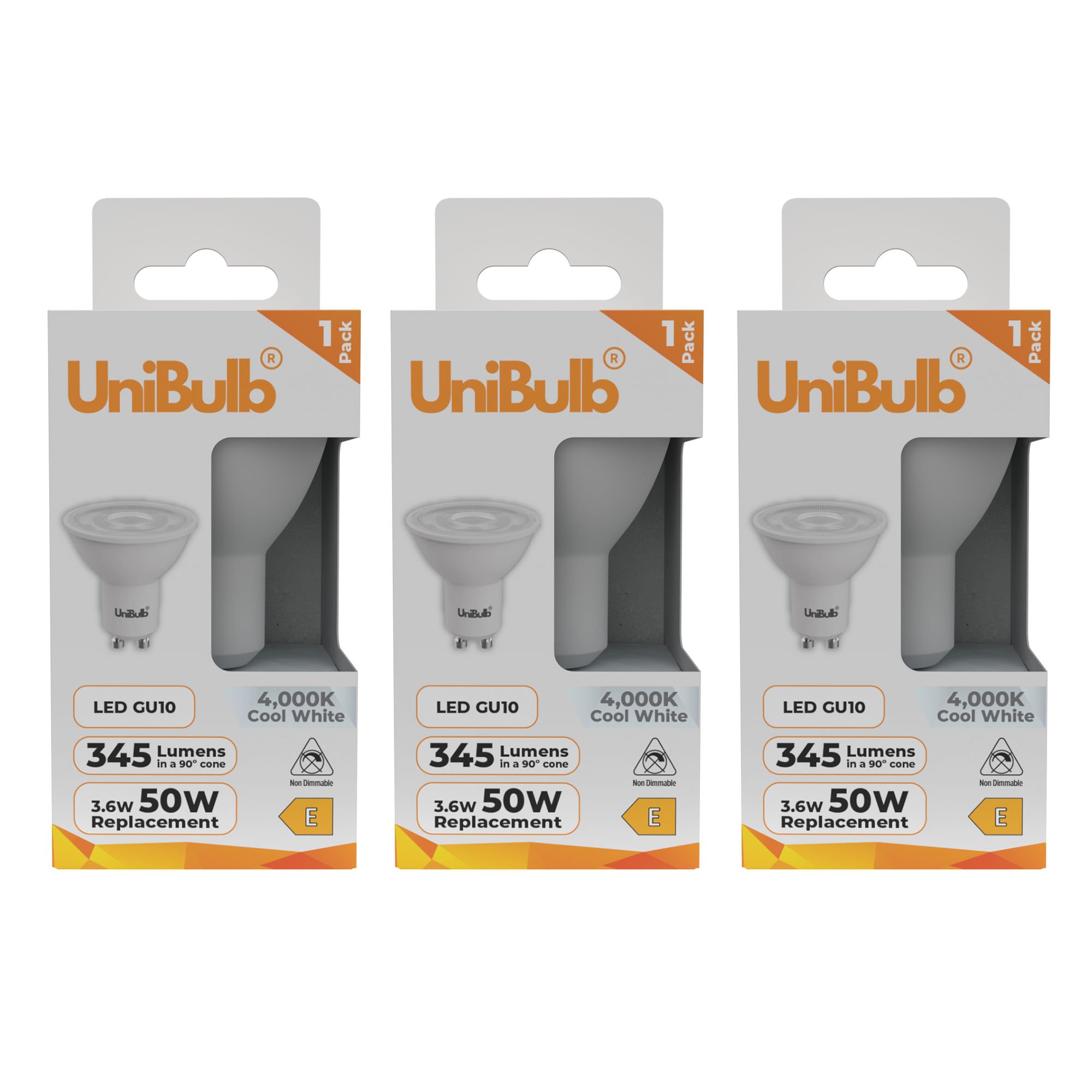 UniBulb 3.6W LED Cool White Spotlight GU10 Light Bulb - Pack of 3
