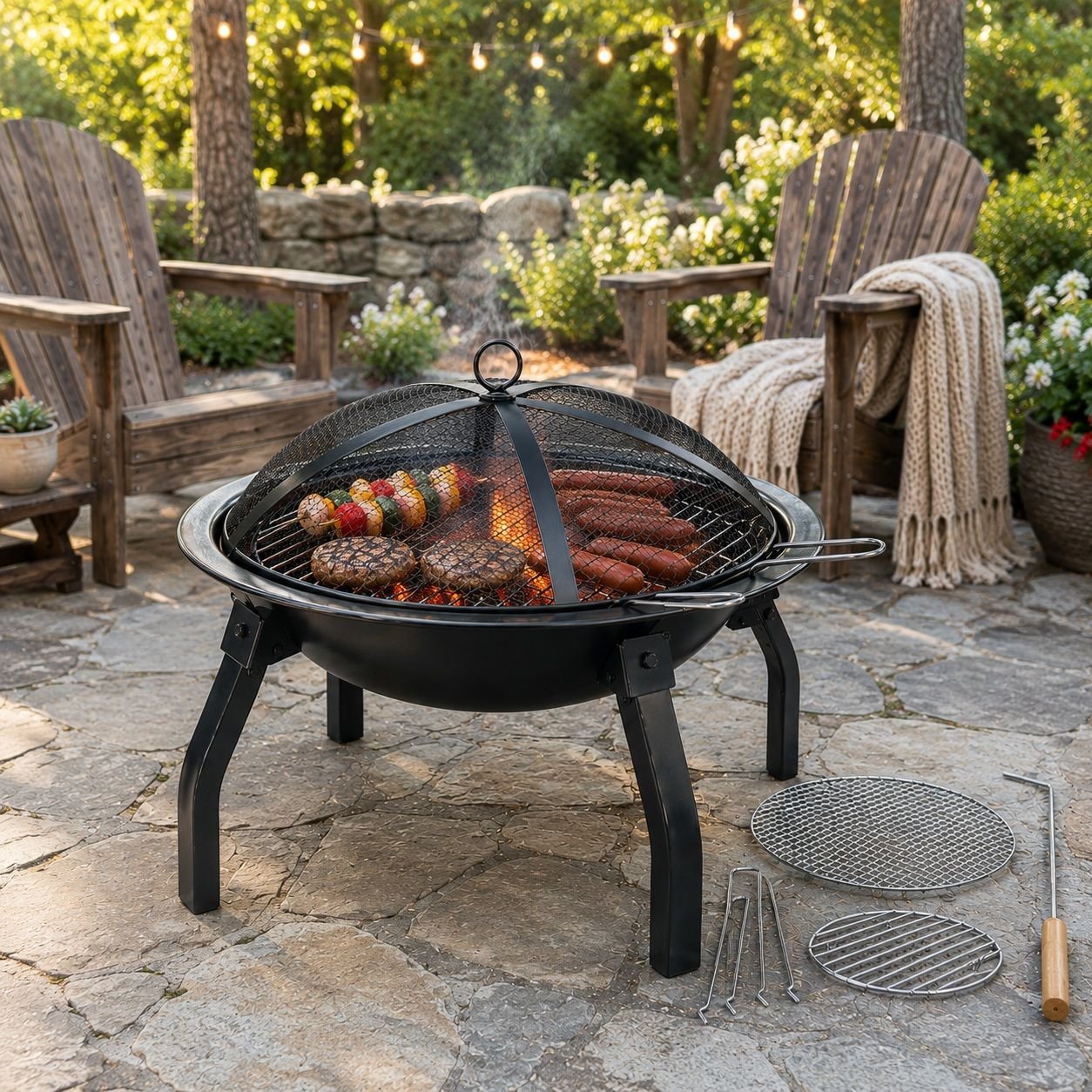 Keplin 55cm Portable Folding Steel Fire Pit with Grill and Lid - Black