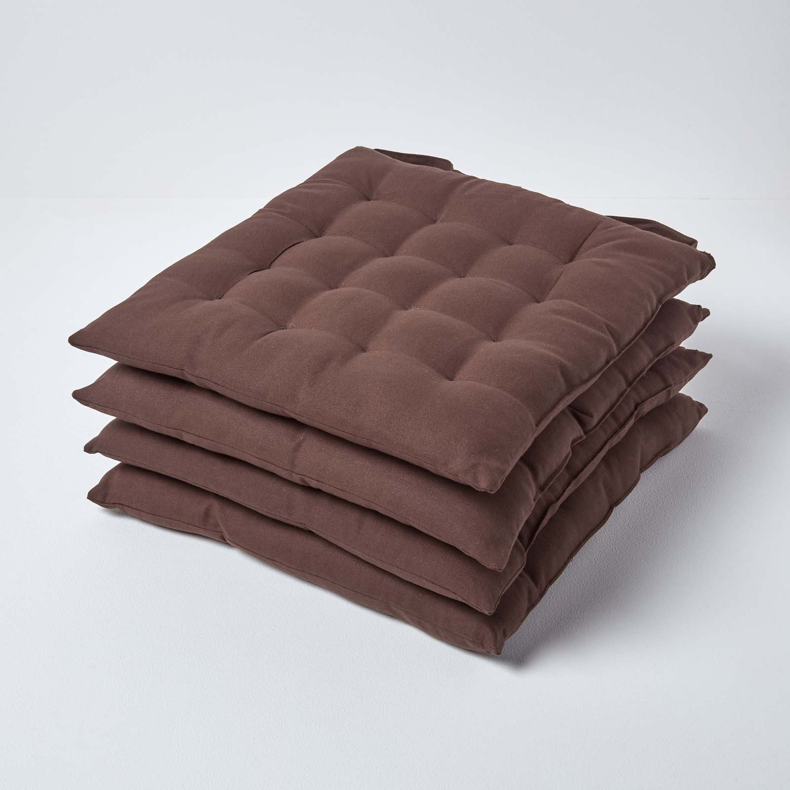 Homescapes Pack of 4 Cotton Seat Pad Chair Cushions - Chocolate