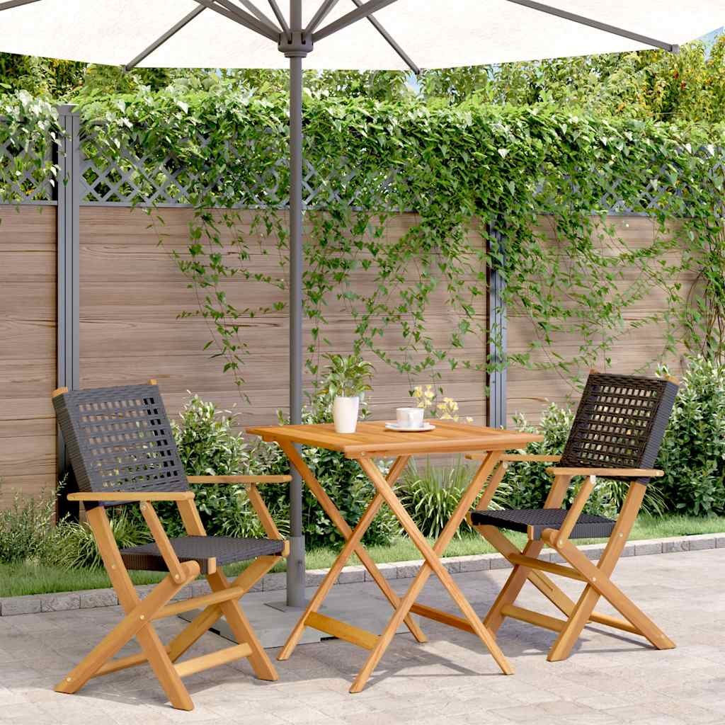 Walplus 3 Piece Poly Rattan Folding Bistro Set - Black - 70 x 70 x 75 cm