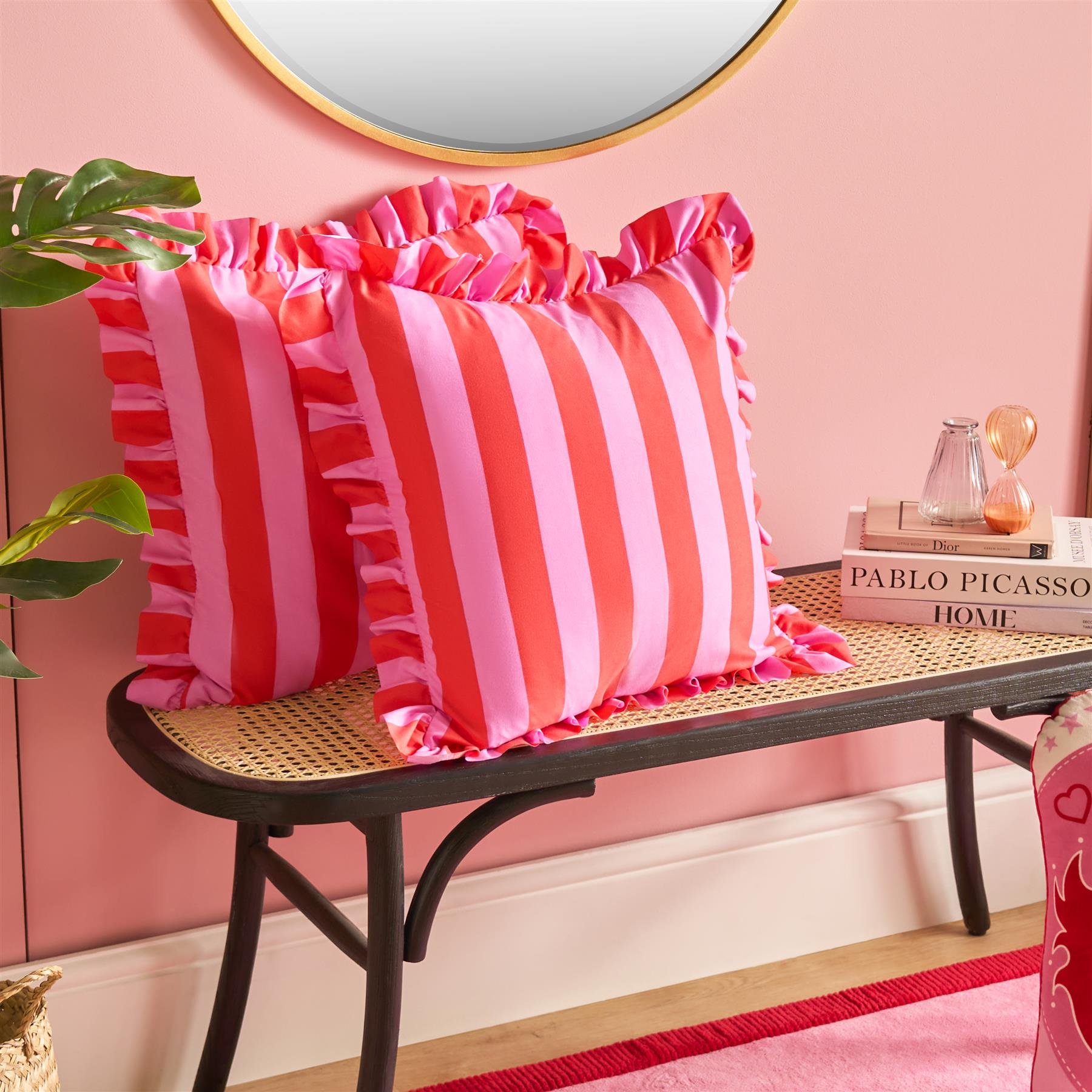 OHS 2 Pack Stripe Frill Cushion Covers 45 x 45cm - Red/Pink