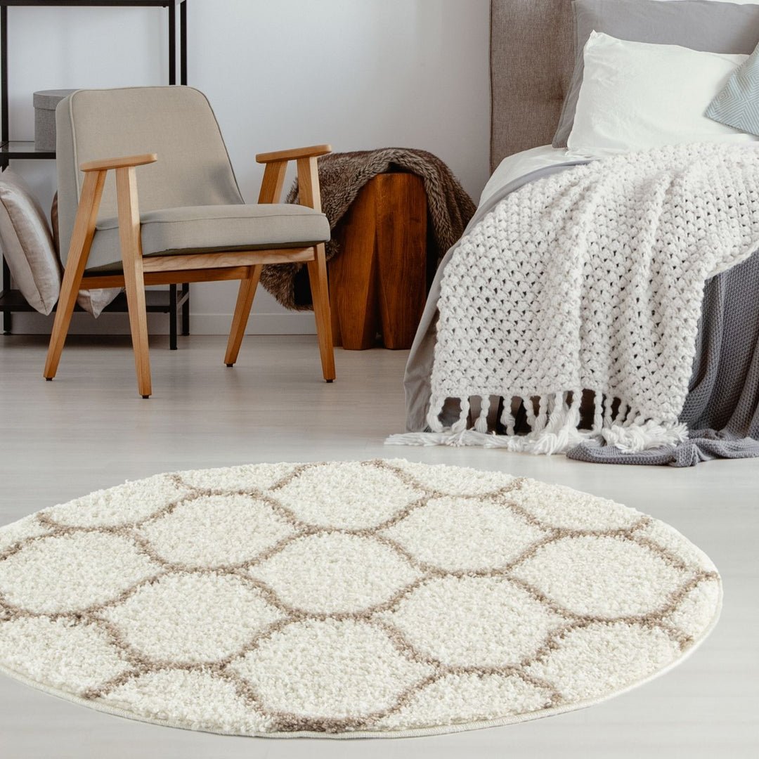 The Rugs  Cream and Beige Moroccan Shaggy Trellis Round Rug - 120cm