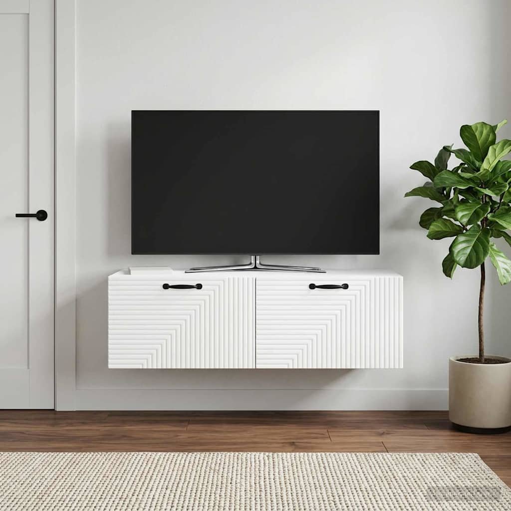 Walplus Wood Wall Mounted TV Cabinet Tall Unit - White - 98 x 41 x 30 cm