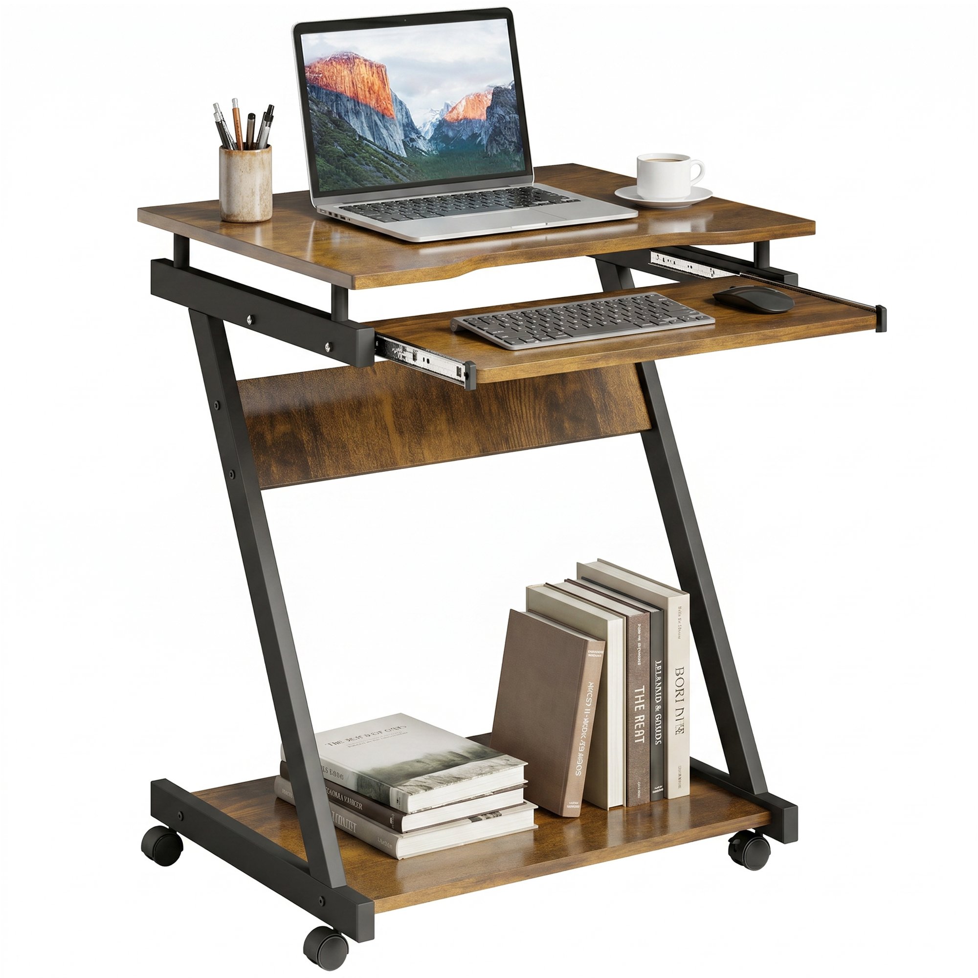 HOMCOM Mobile Z Shaped Computer Desk - Rustic Brown