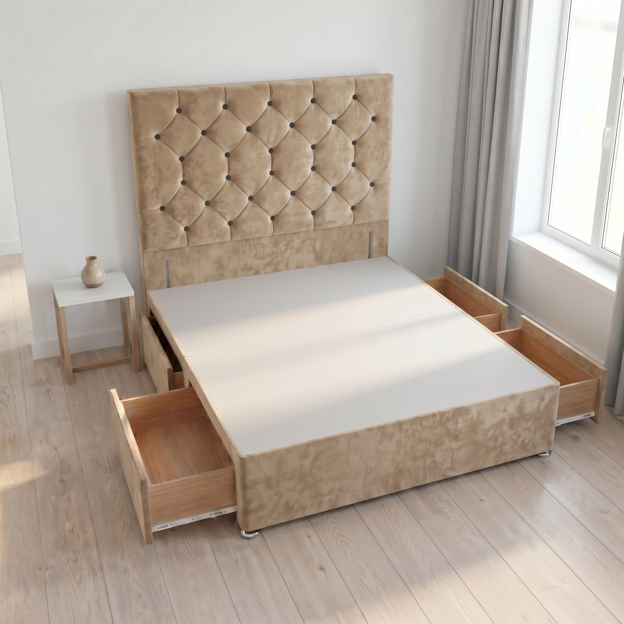 Somnior Diamante Velvet 4FT Small Double 4 Drawer Divan Bed Base - Beige