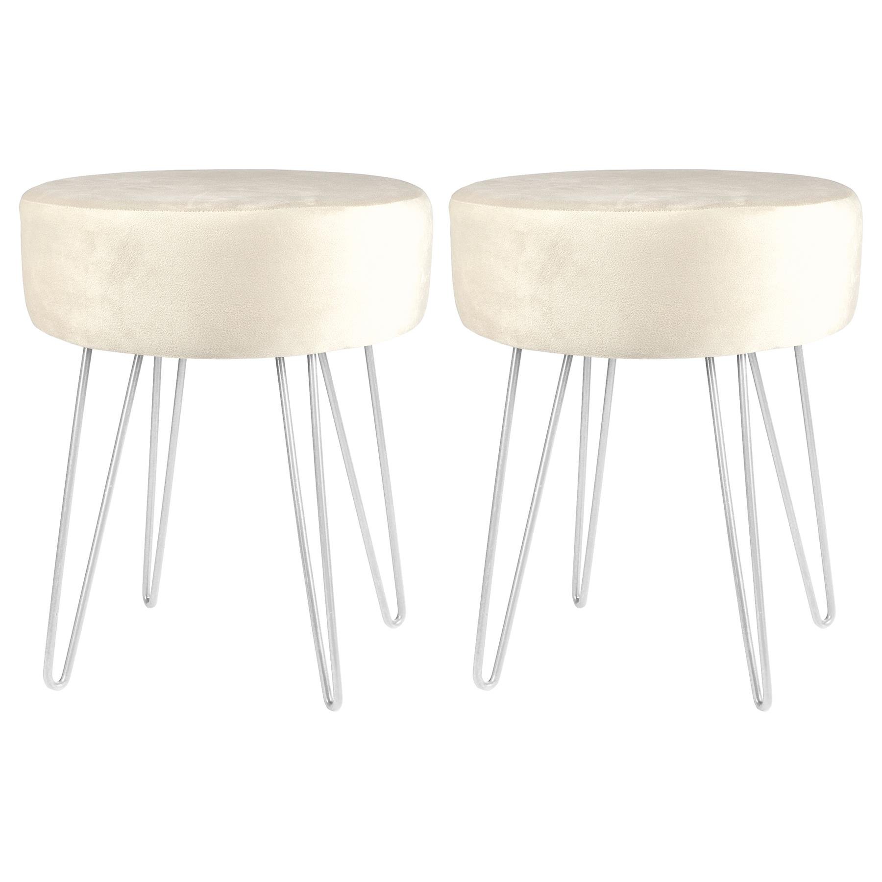 Harbour Housewares Round Velvet Footstool with Silver Legs Pack of 2 - Cream