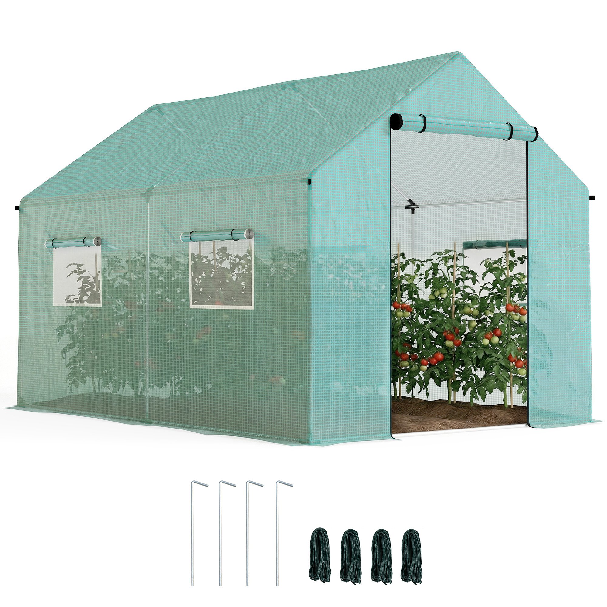 Outsunny Walkin Polytunnel Greenhouse with Roll up Door – Green
