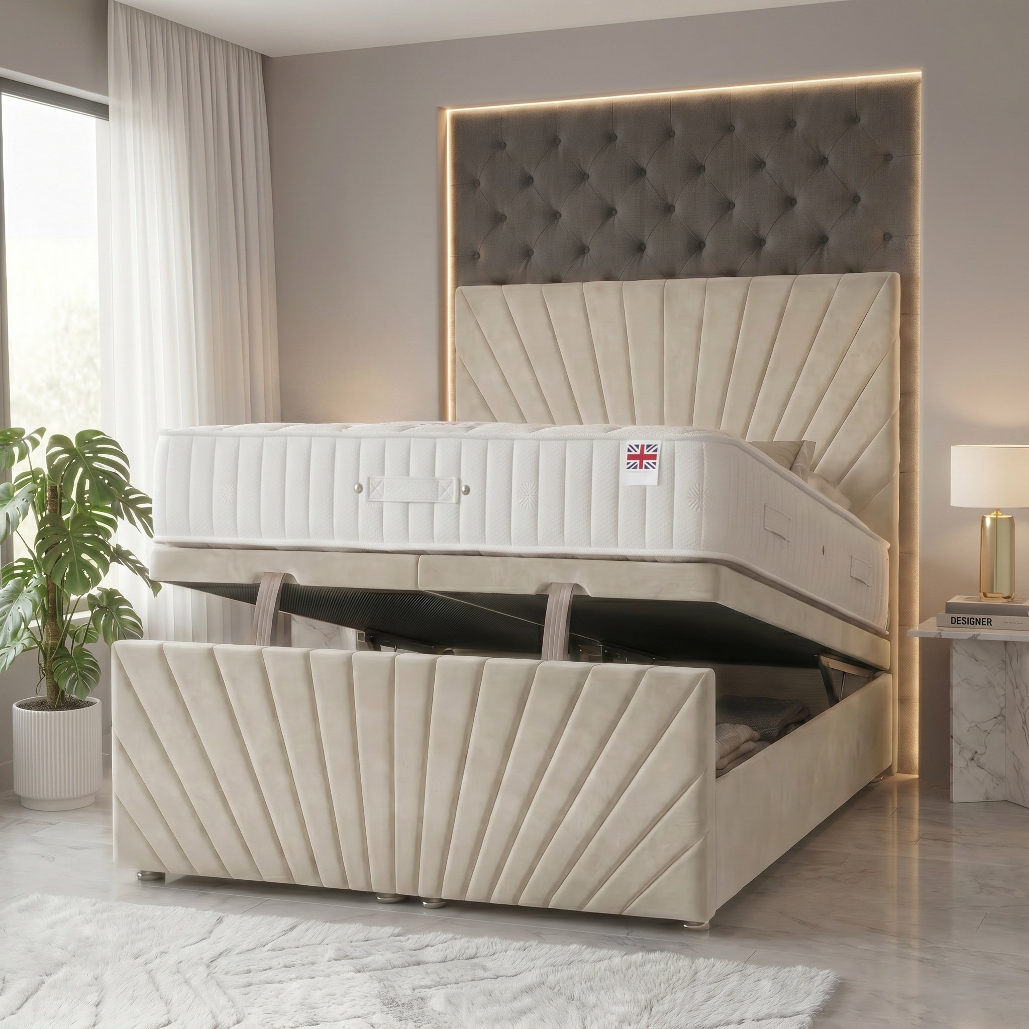 Somnior Velvet Double Ottoman Divan Bed with Memory Mattress - Ivory
