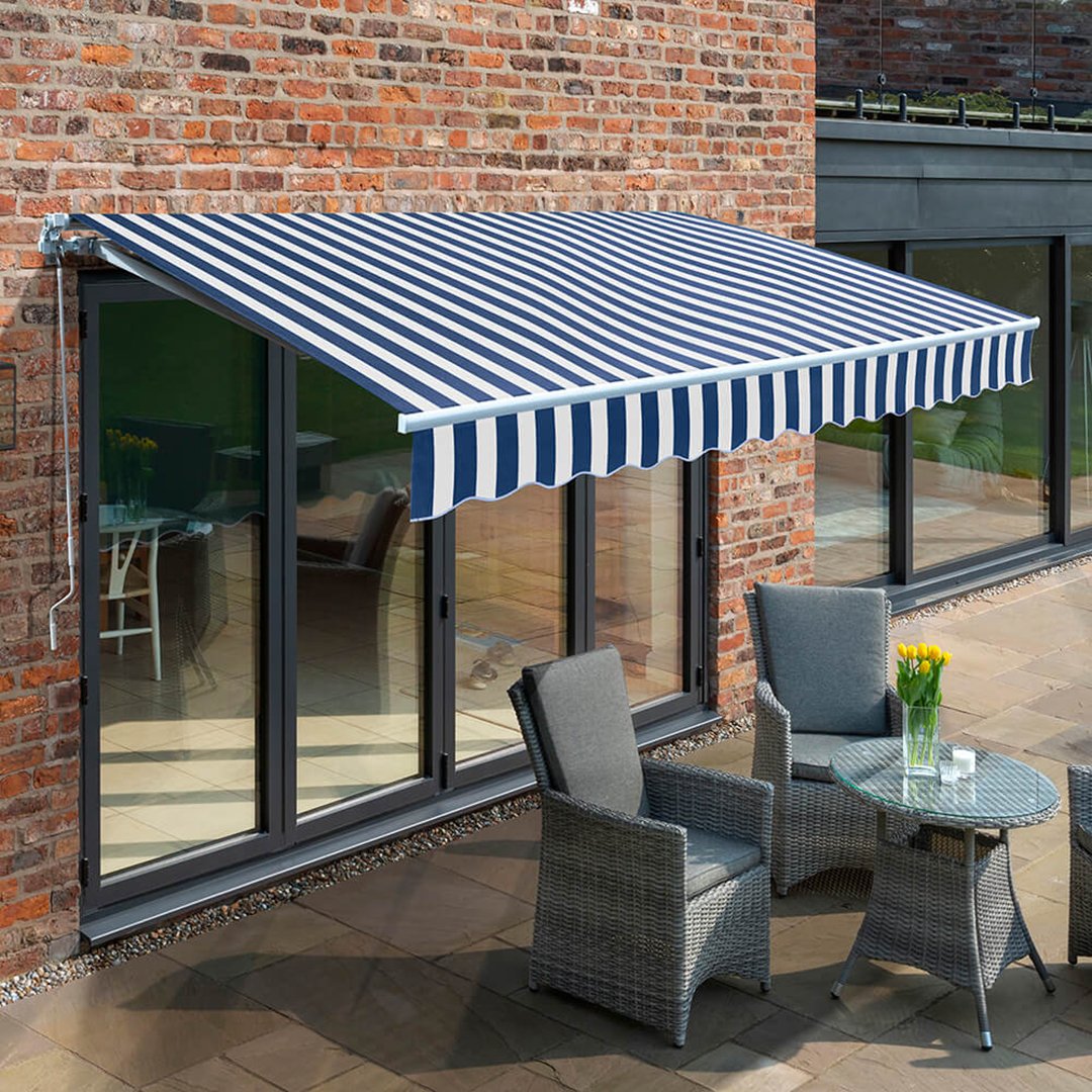 Primrose Awnings 2.0m x 1.5m Retractable Manual Awning Canopy - Blue and White